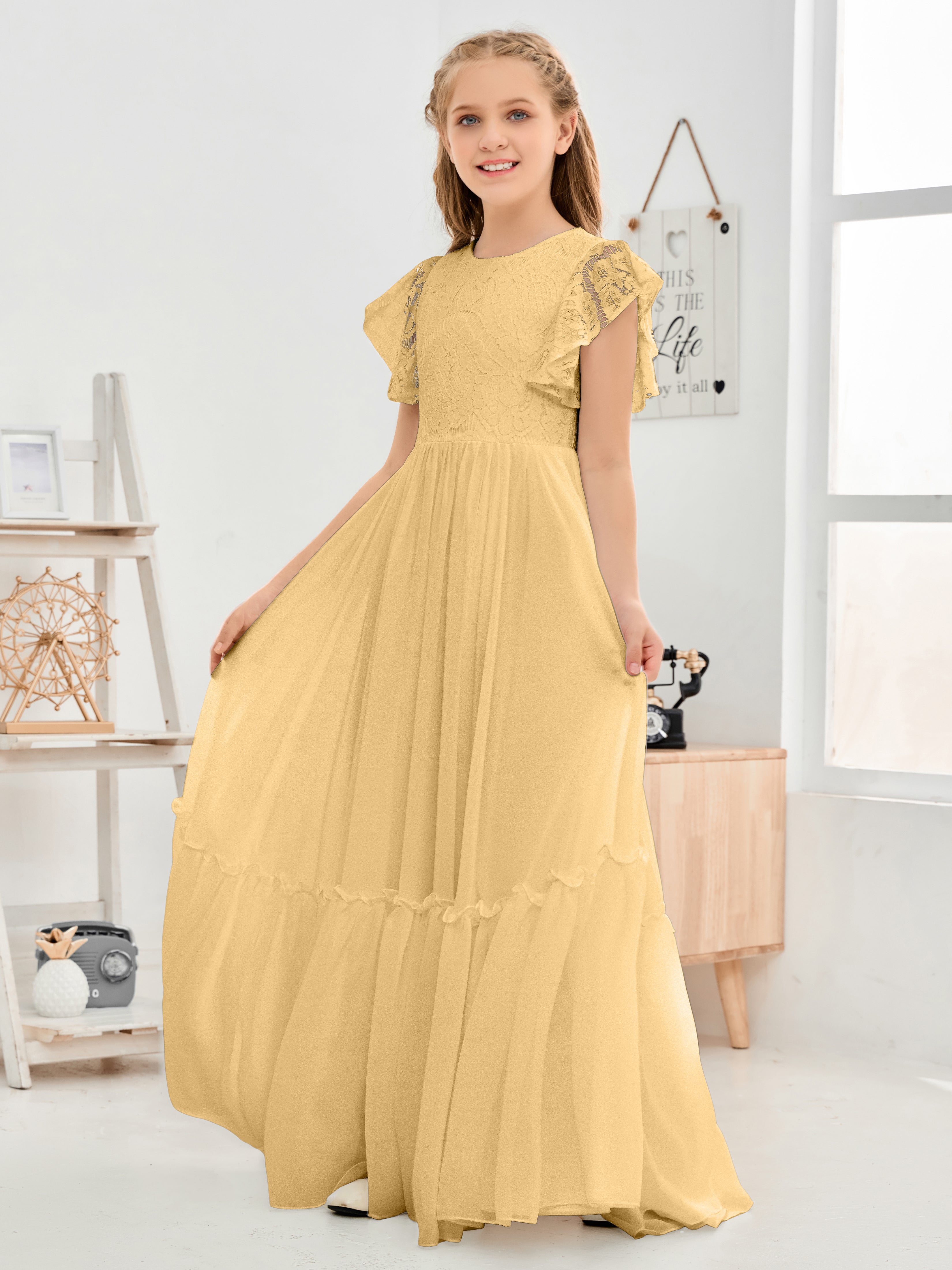 Short Sleeves Floor Length Chiffon Junior Bridesmaid Dress