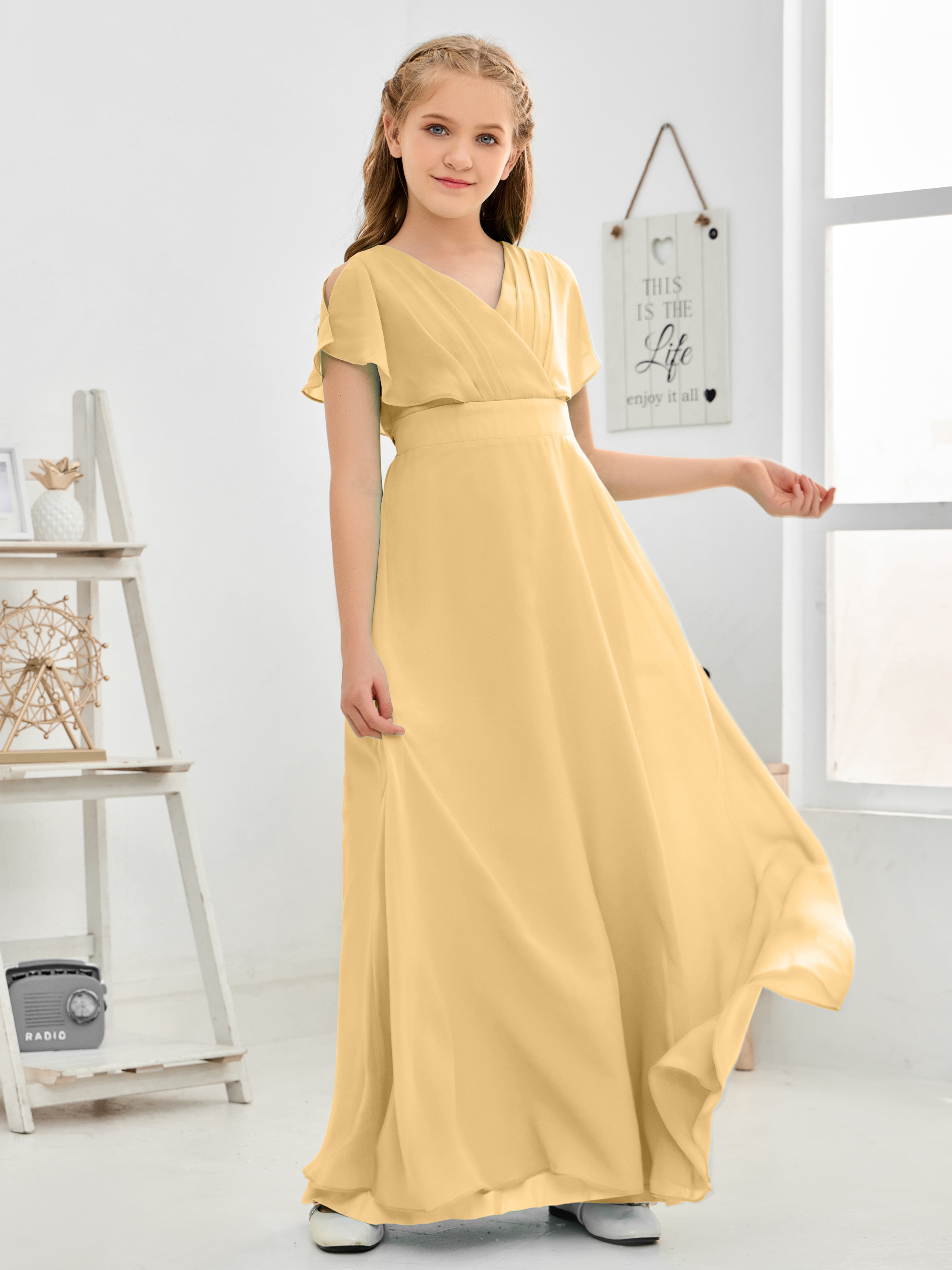 Short Sleeves Floor-Length Chiffon Junior Bridesmaid Dress