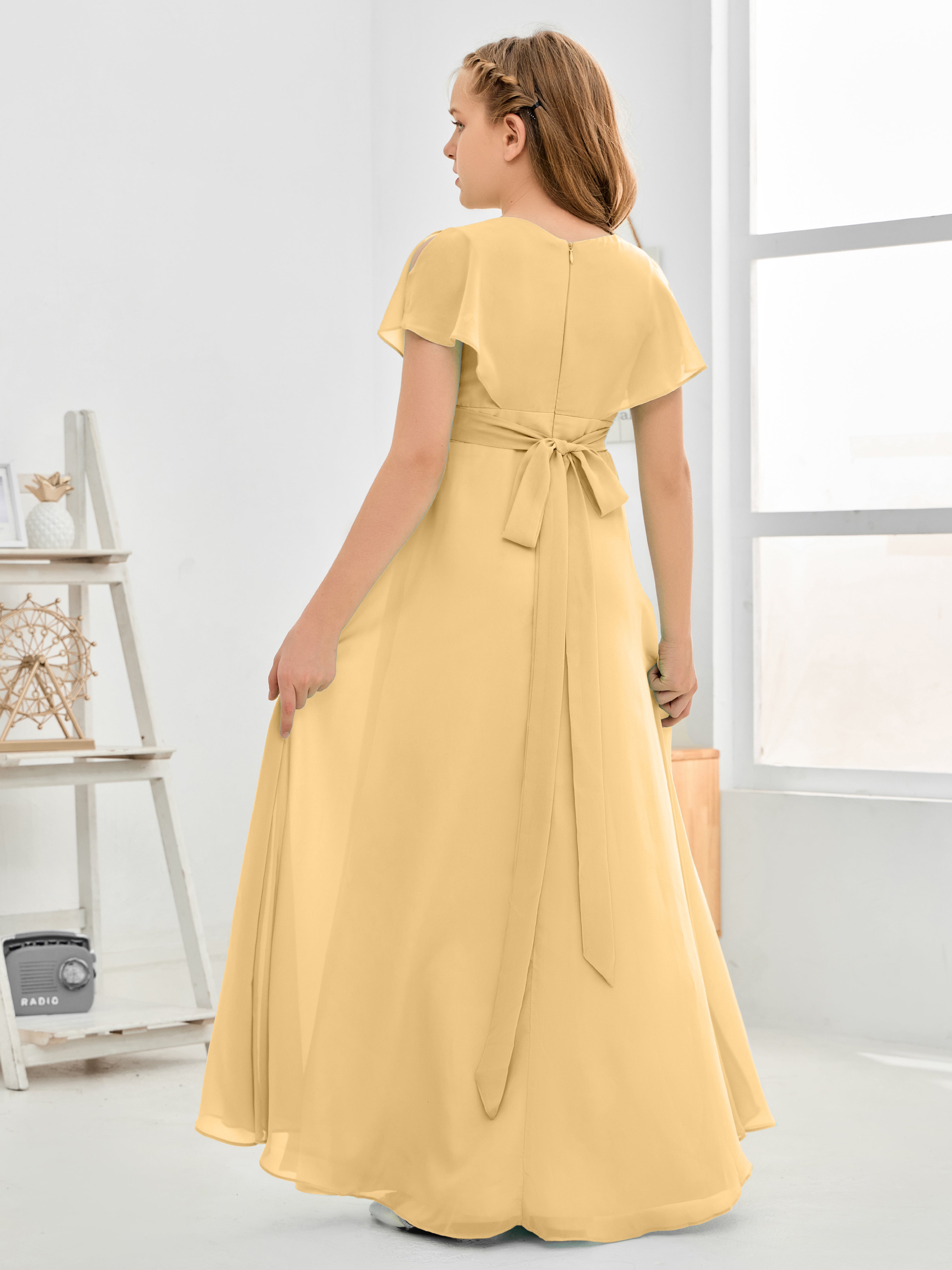 Short Sleeves Floor-Length Chiffon Junior Bridesmaid Dress