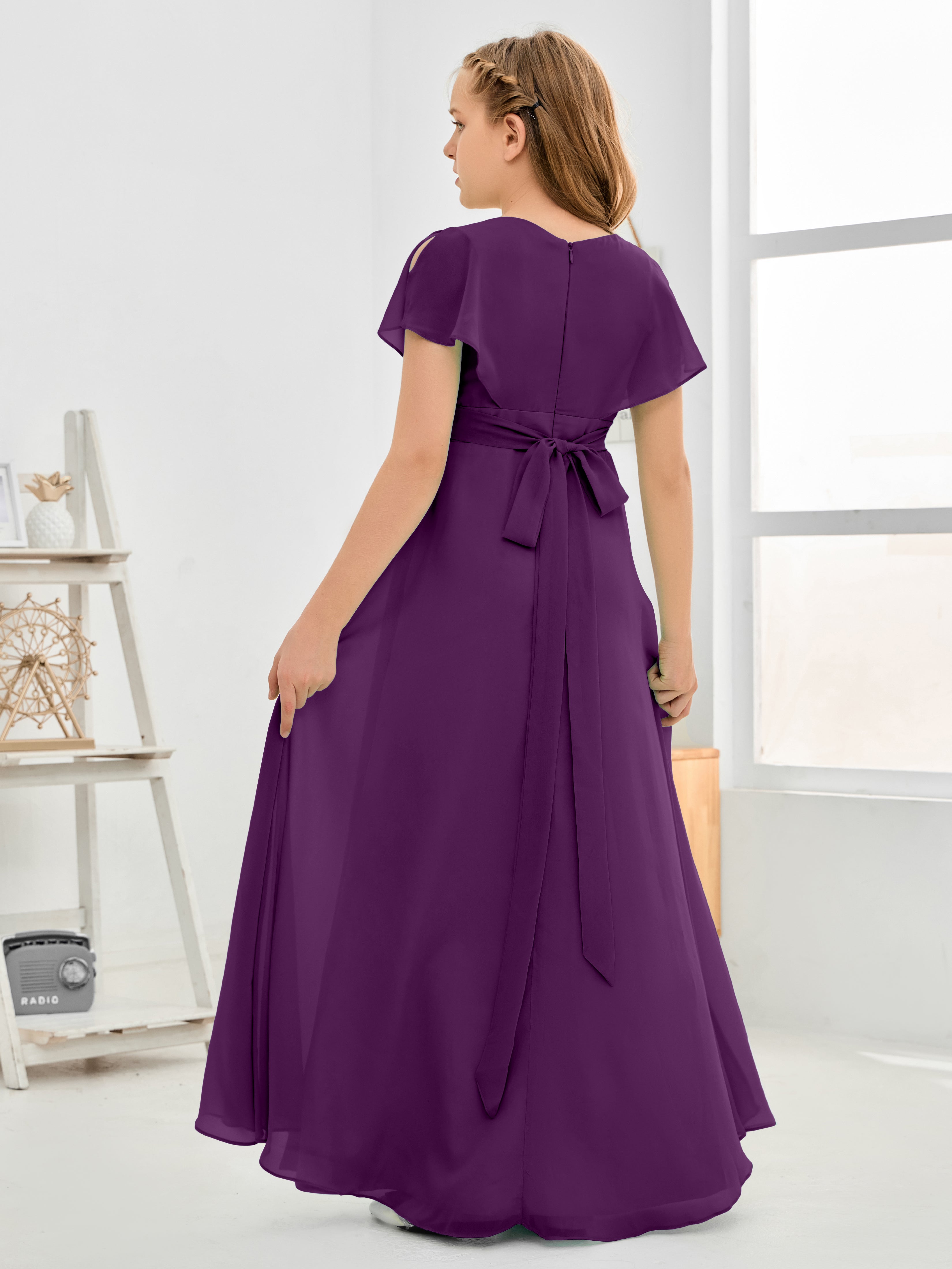 Short Sleeves Floor-Length Chiffon Junior Bridesmaid Dress