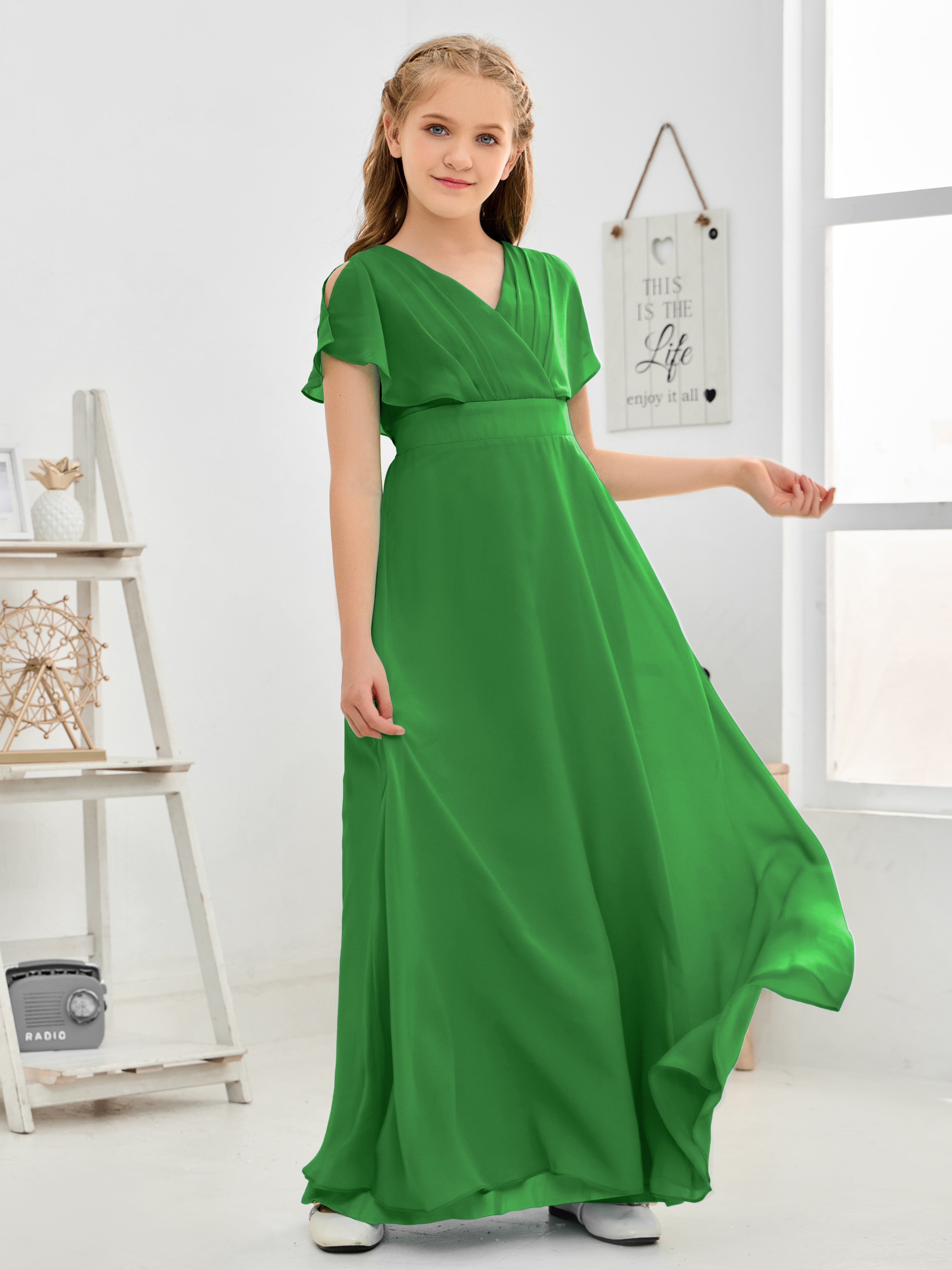 Short Sleeves Floor-Length Chiffon Junior Bridesmaid Dress