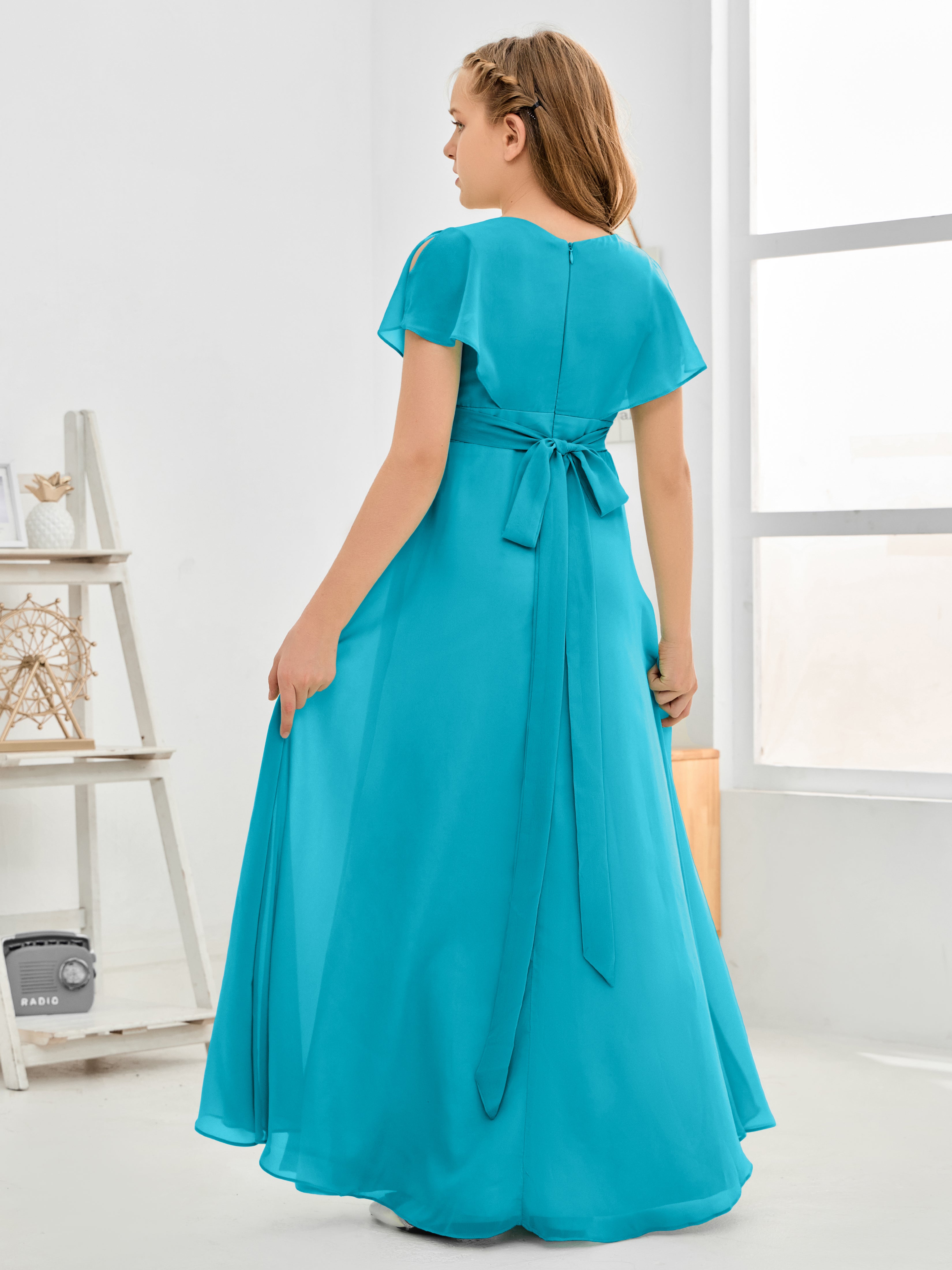 Short Sleeves Floor-Length Chiffon Junior Bridesmaid Dress