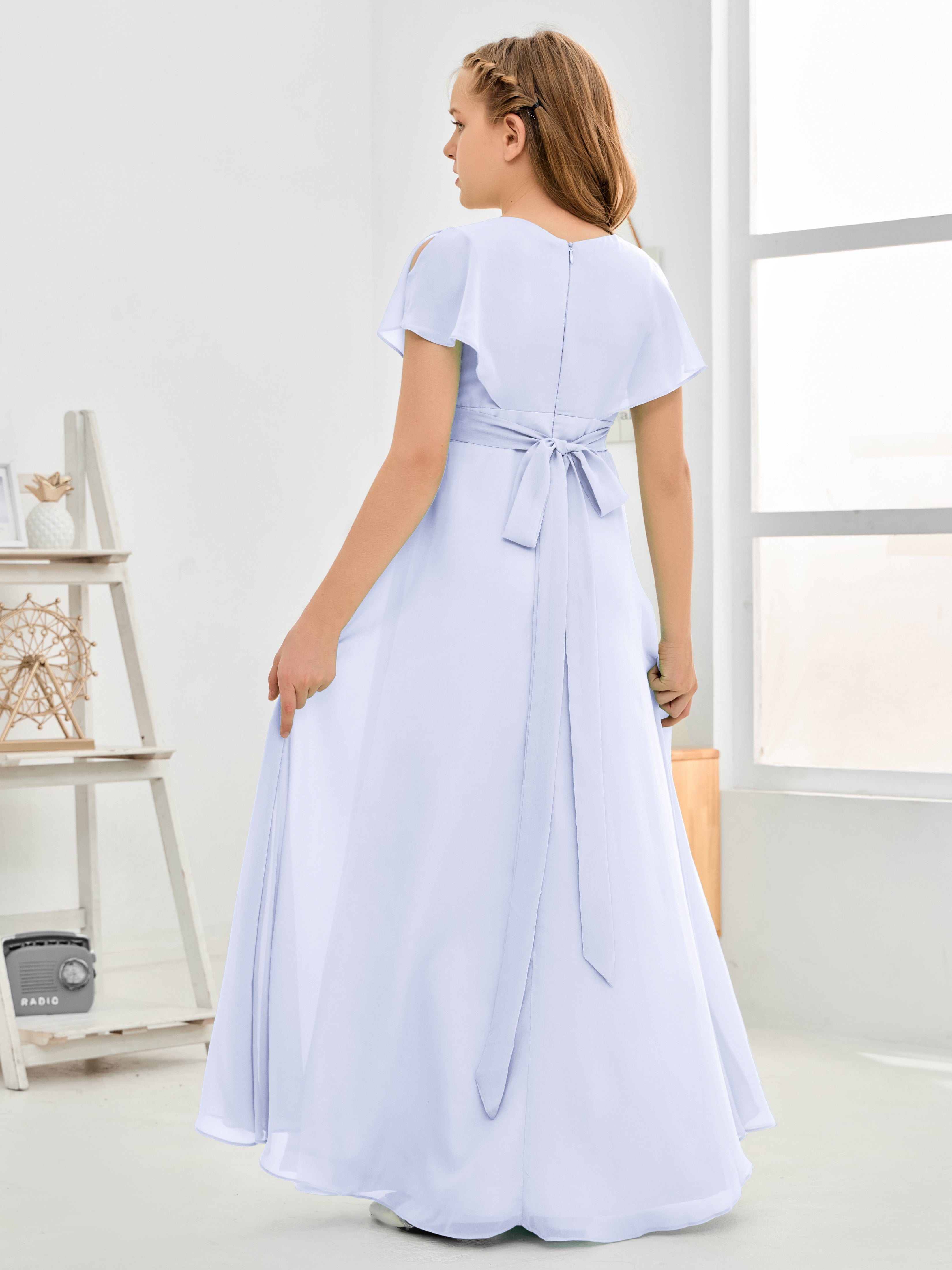 Short Sleeves Floor-Length Chiffon Junior Bridesmaid Dress