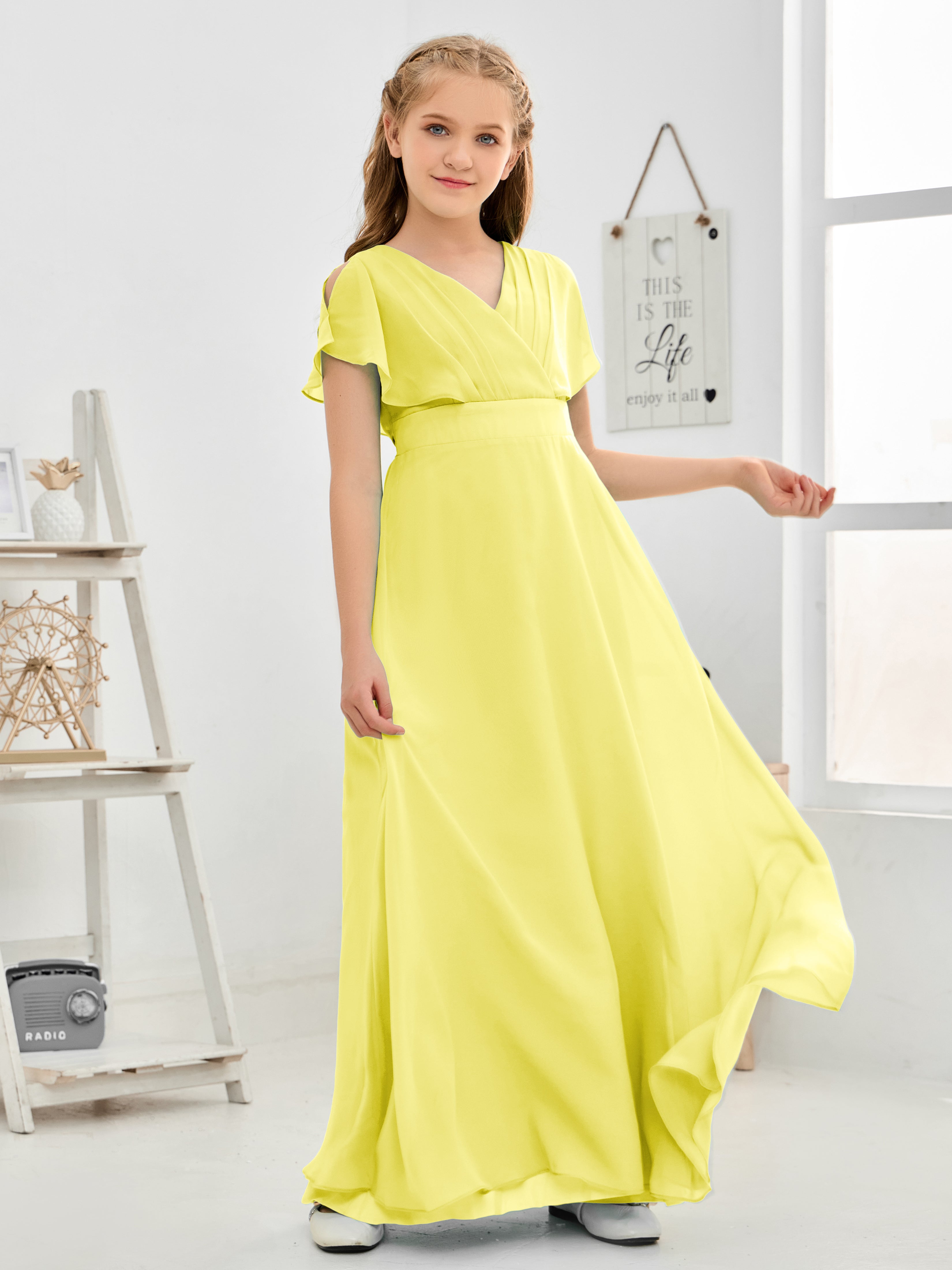 Short Sleeves Floor-Length Chiffon Junior Bridesmaid Dress