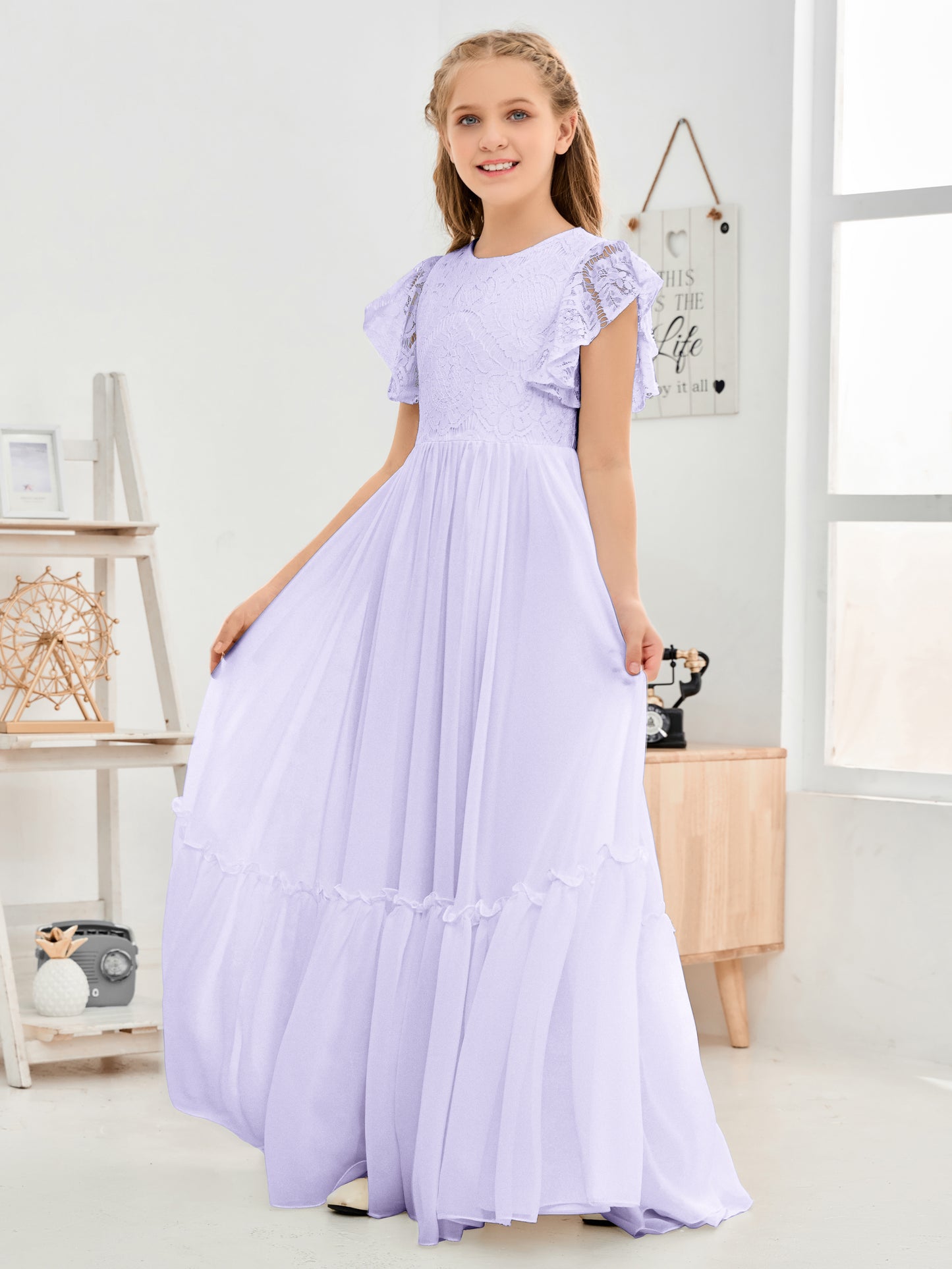 Short Sleeves Floor Length Chiffon Junior Bridesmaid Dress