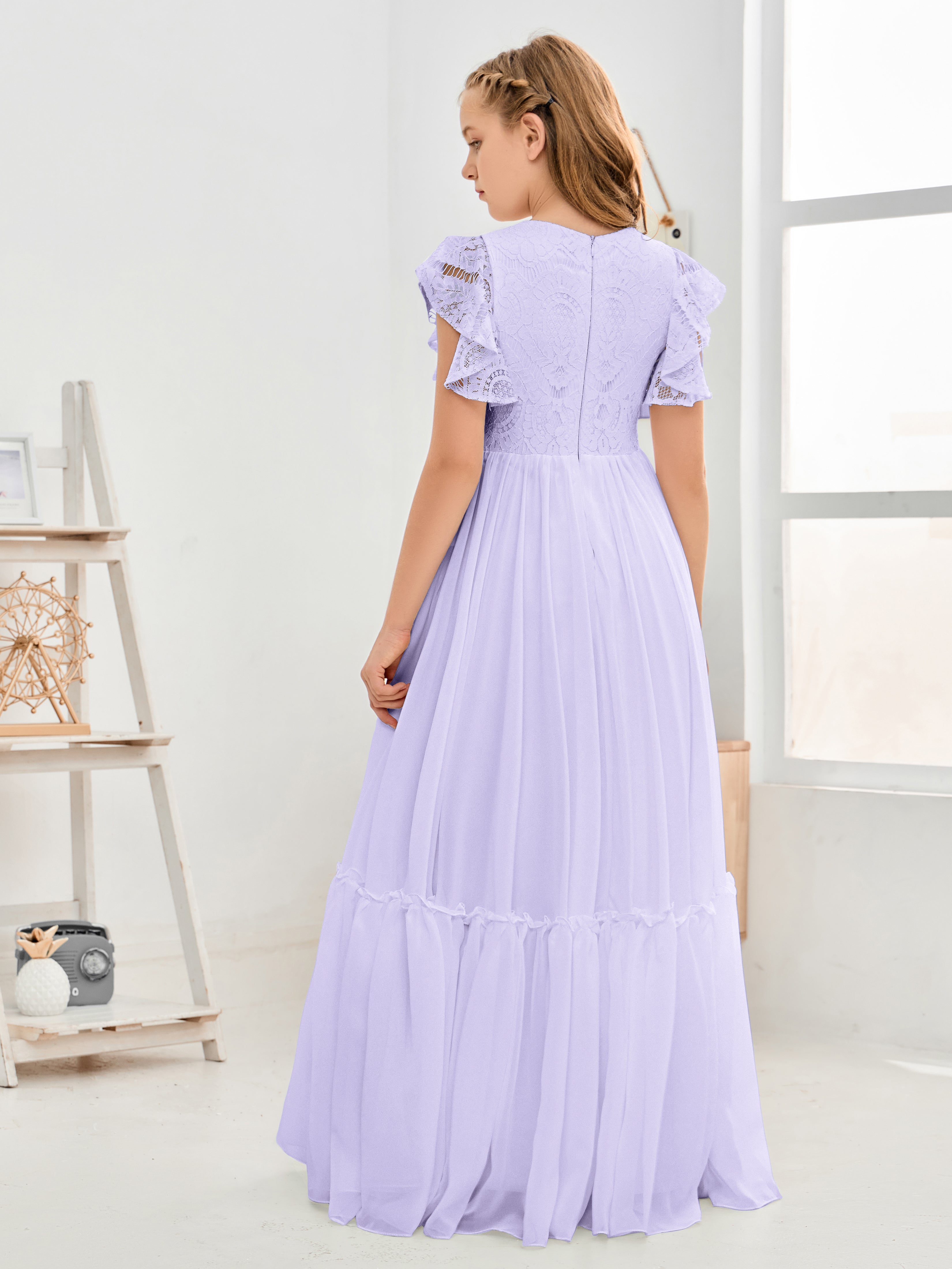 Short Sleeves Floor Length Chiffon Junior Bridesmaid Dress