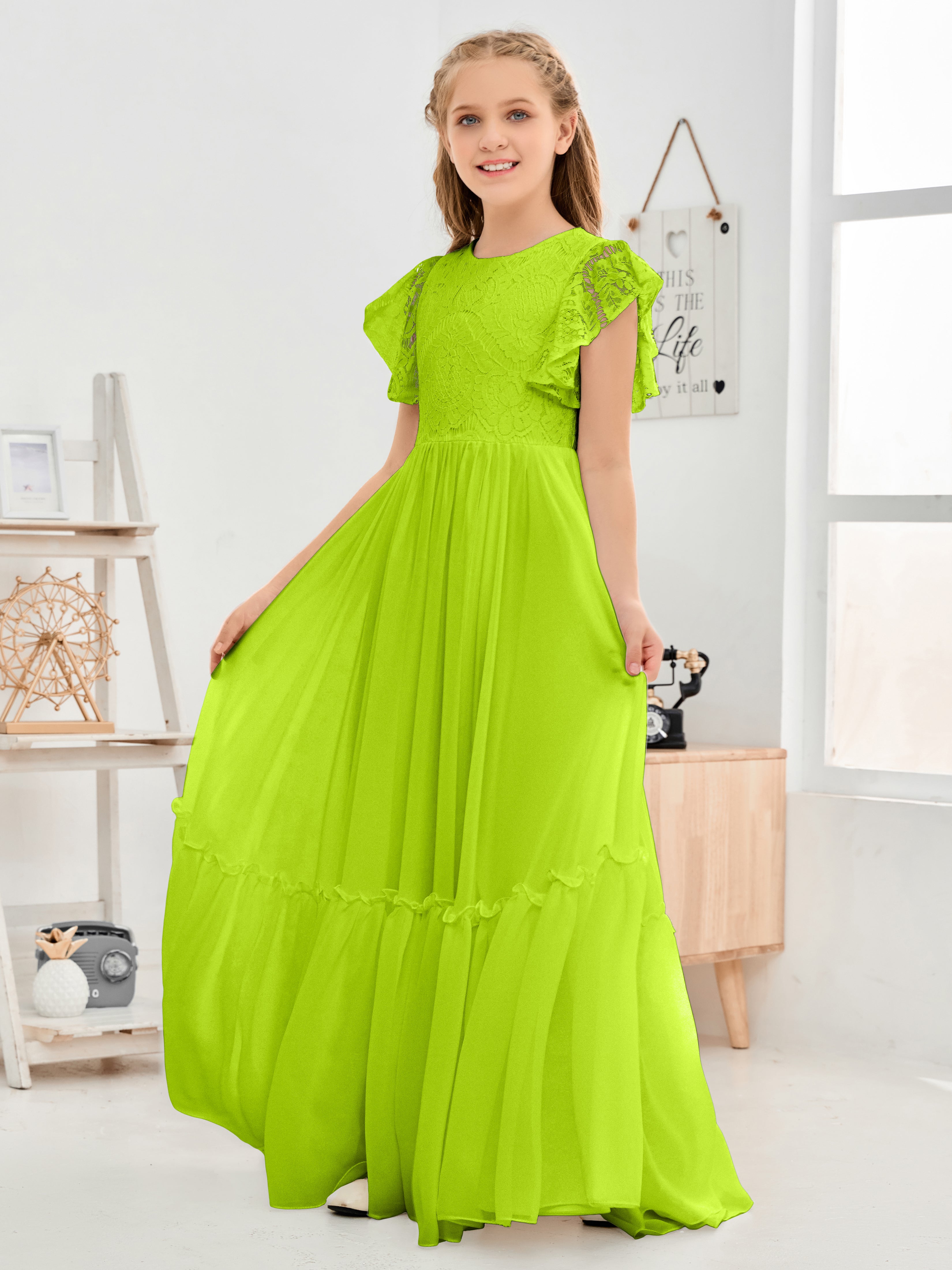 Short Sleeves Floor Length Chiffon Junior Bridesmaid Dress