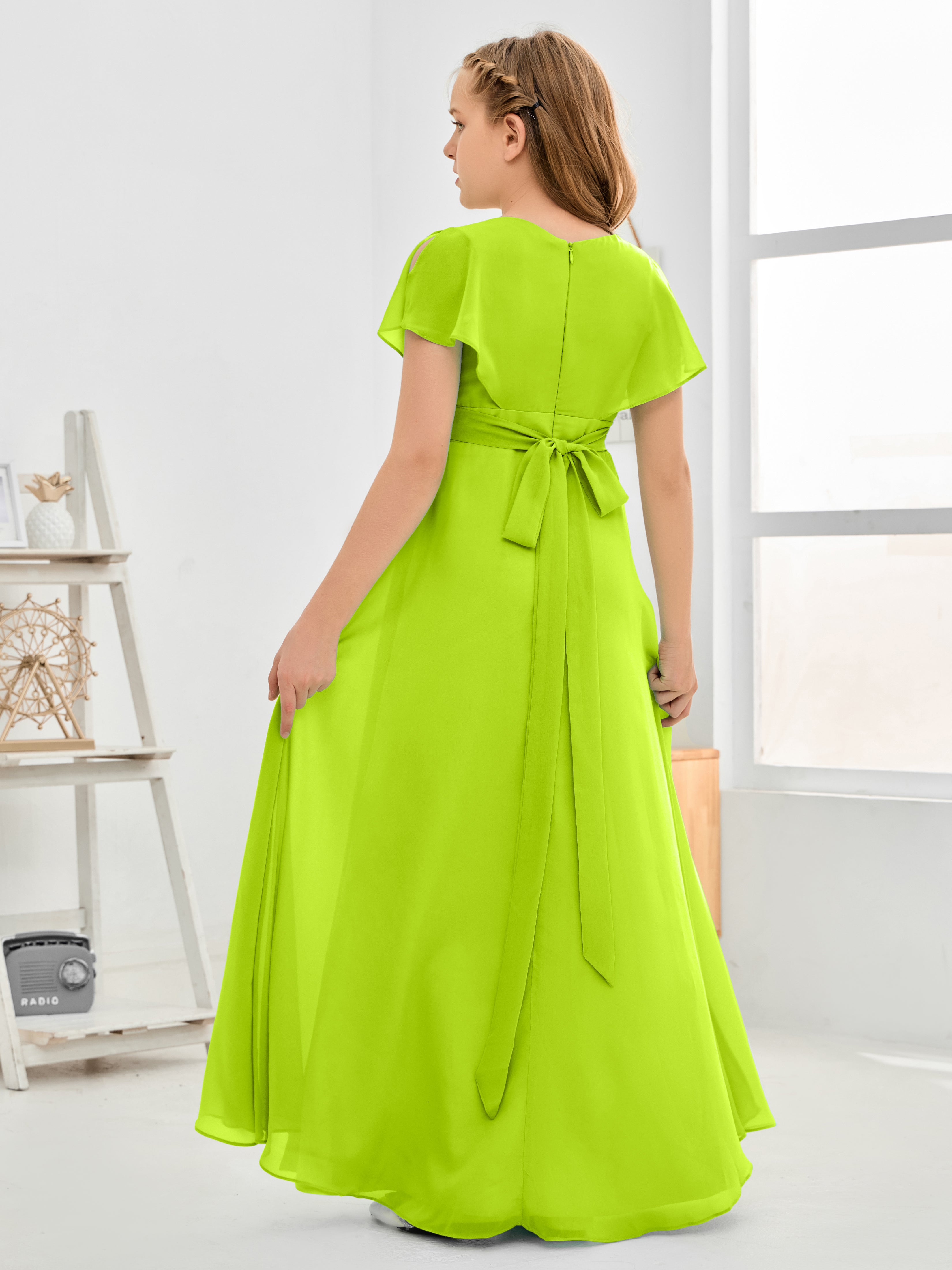 Short Sleeves Floor-Length Chiffon Junior Bridesmaid Dress