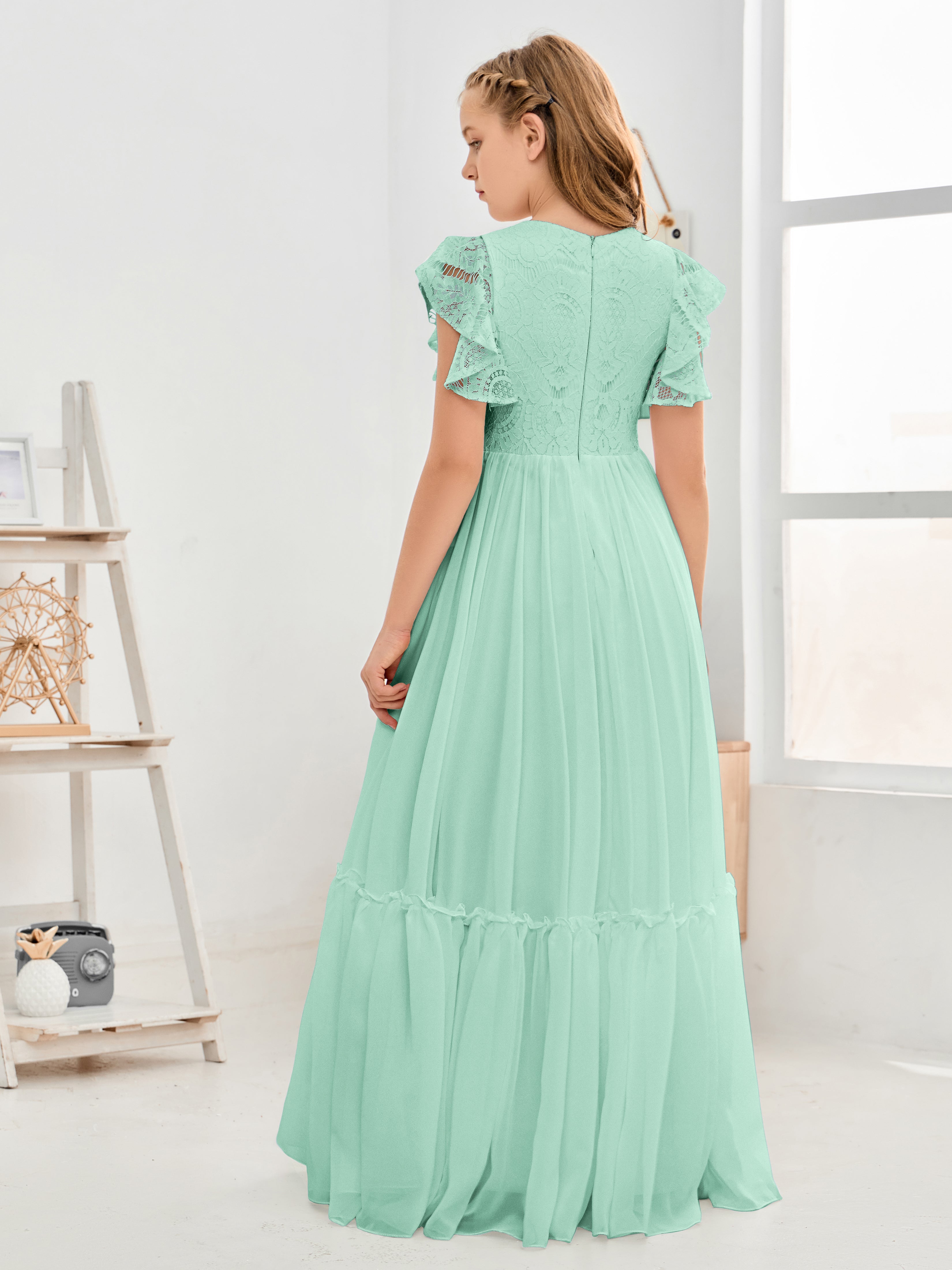 Short Sleeves Floor Length Chiffon Junior Bridesmaid Dress