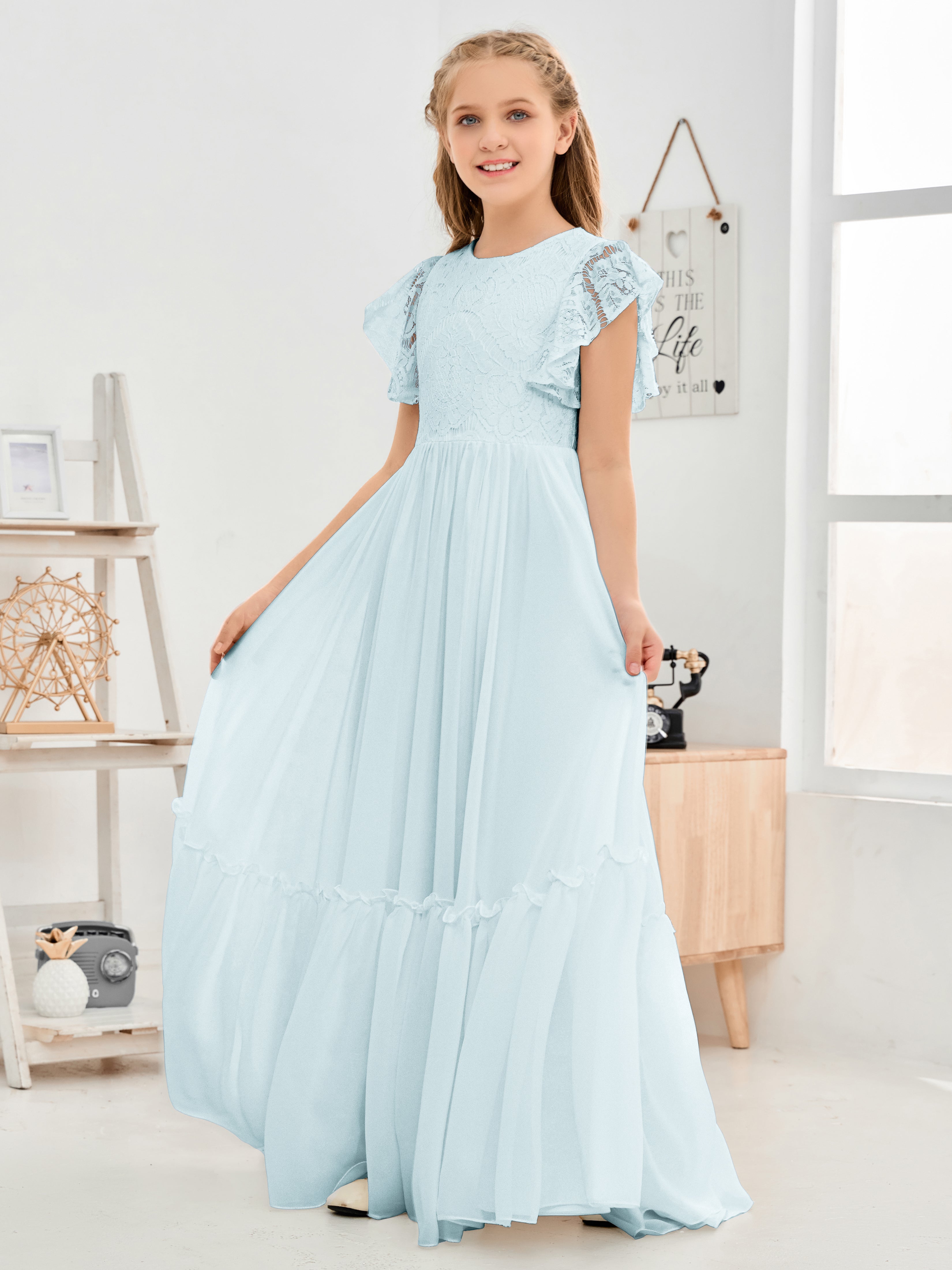 Short Sleeves Floor Length Chiffon Junior Bridesmaid Dress