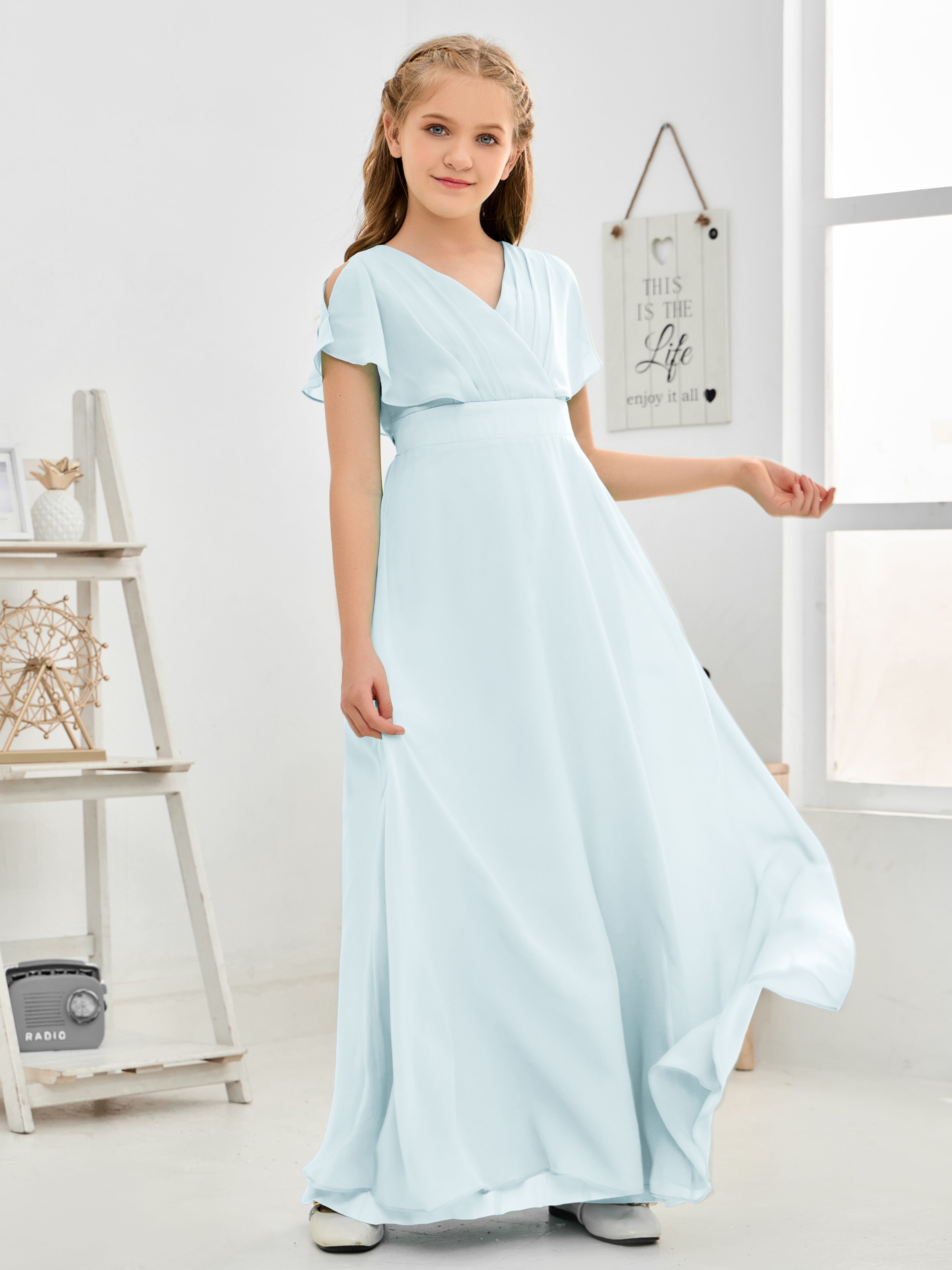 Short Sleeves Floor-Length Chiffon Junior Bridesmaid Dress