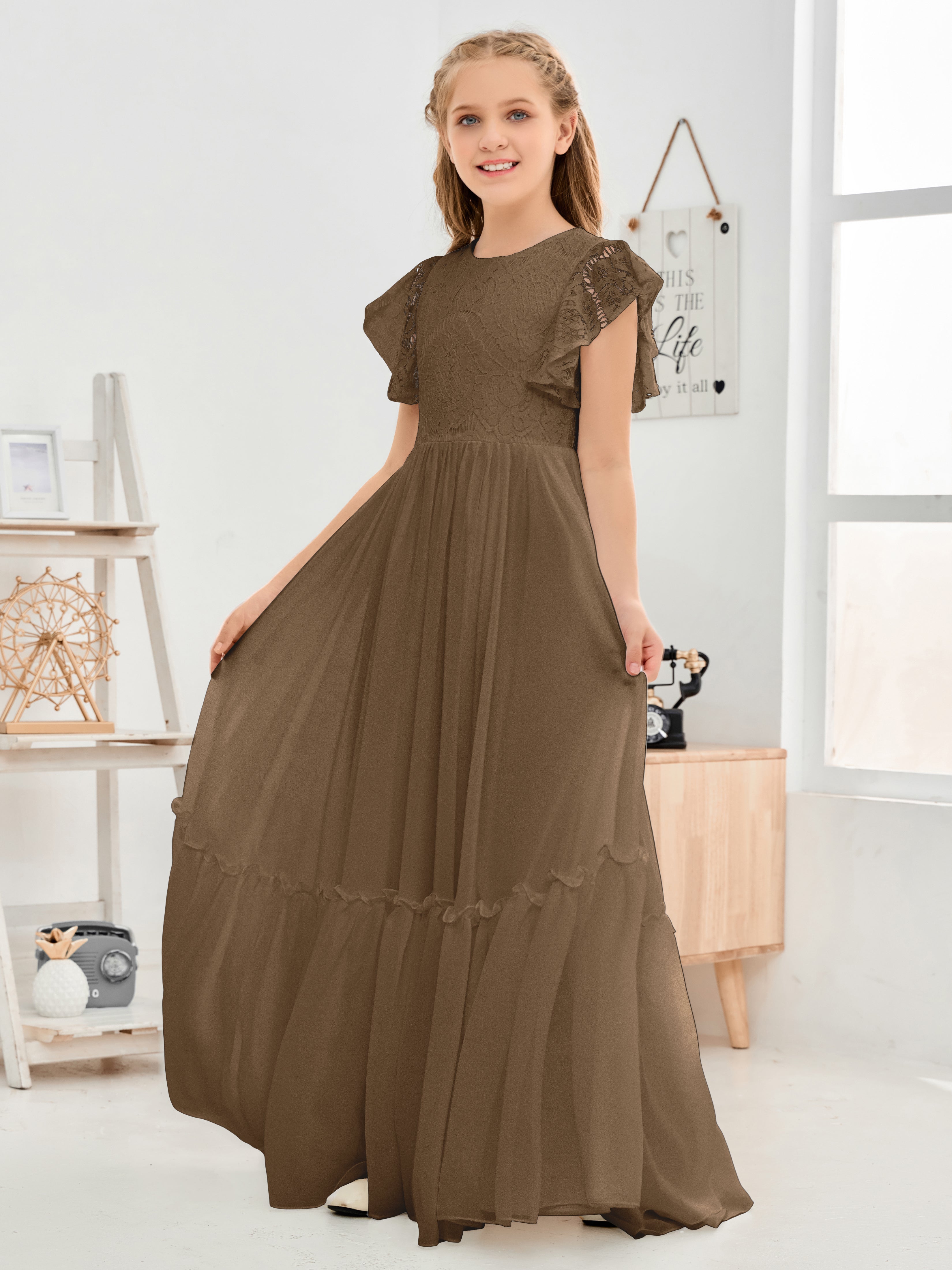 Short Sleeves Floor Length Chiffon Junior Bridesmaid Dress