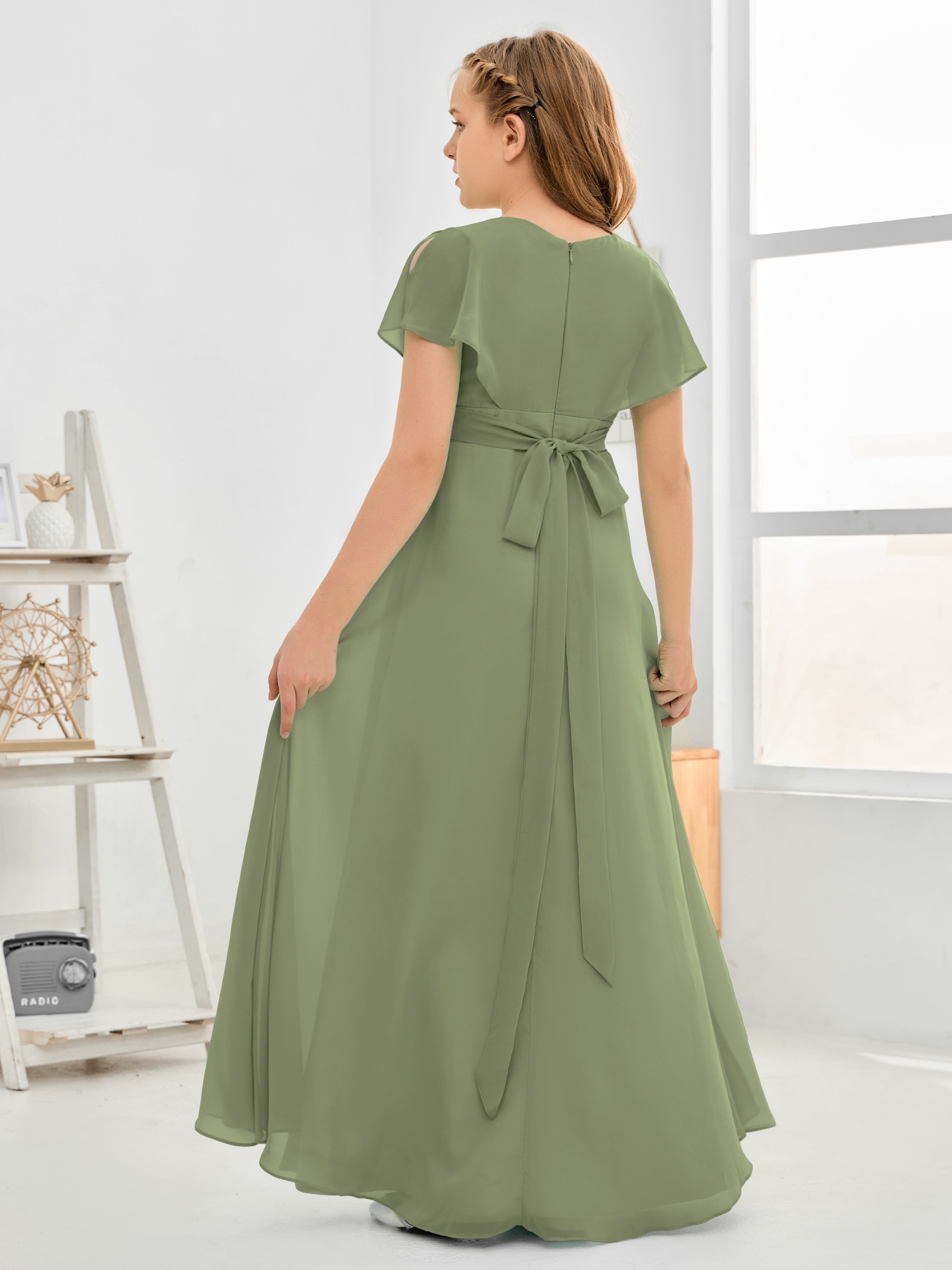 Short Sleeves Floor-Length Chiffon Junior Bridesmaid Dress