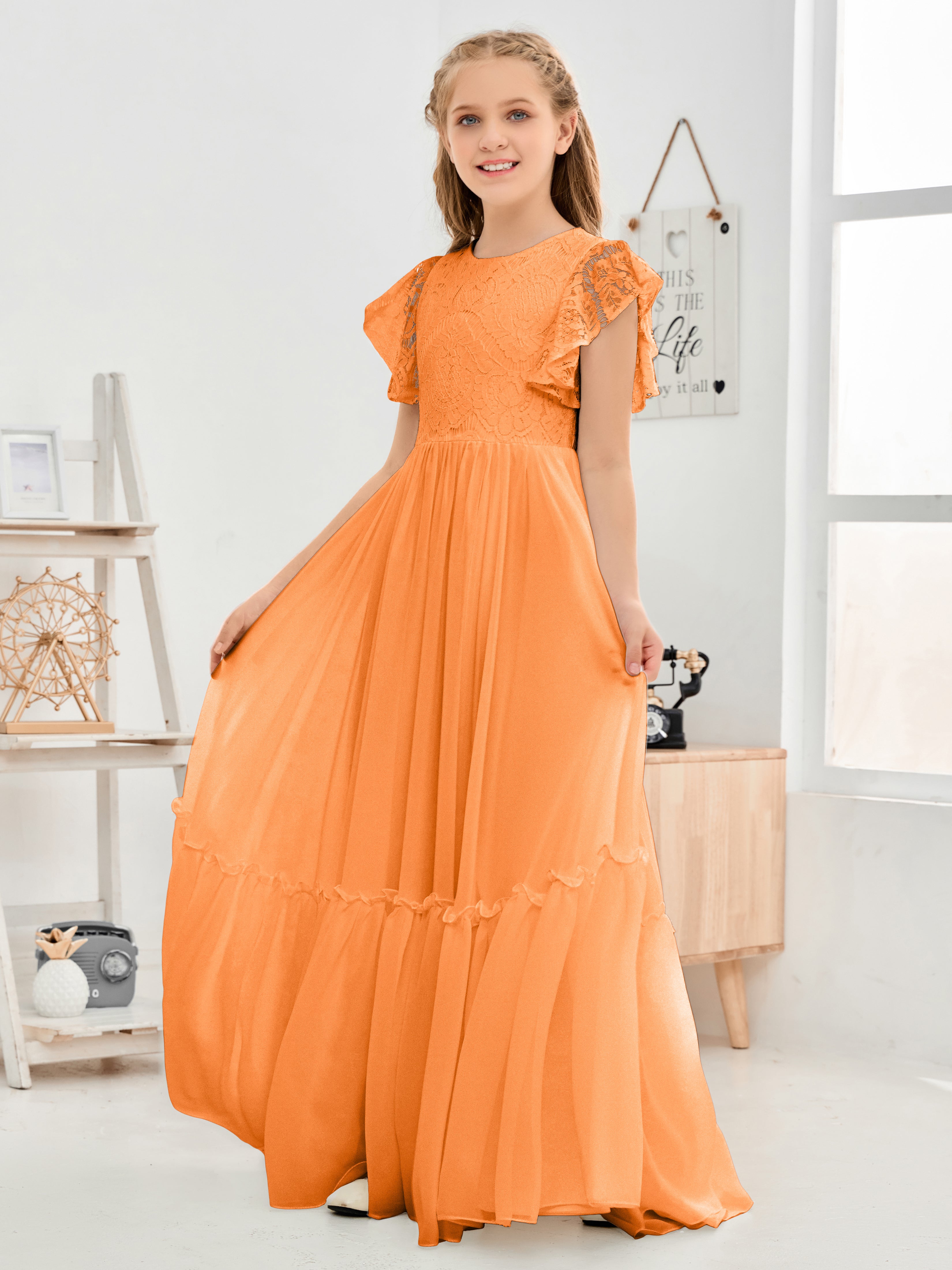 Short Sleeves Floor Length Chiffon Junior Bridesmaid Dress