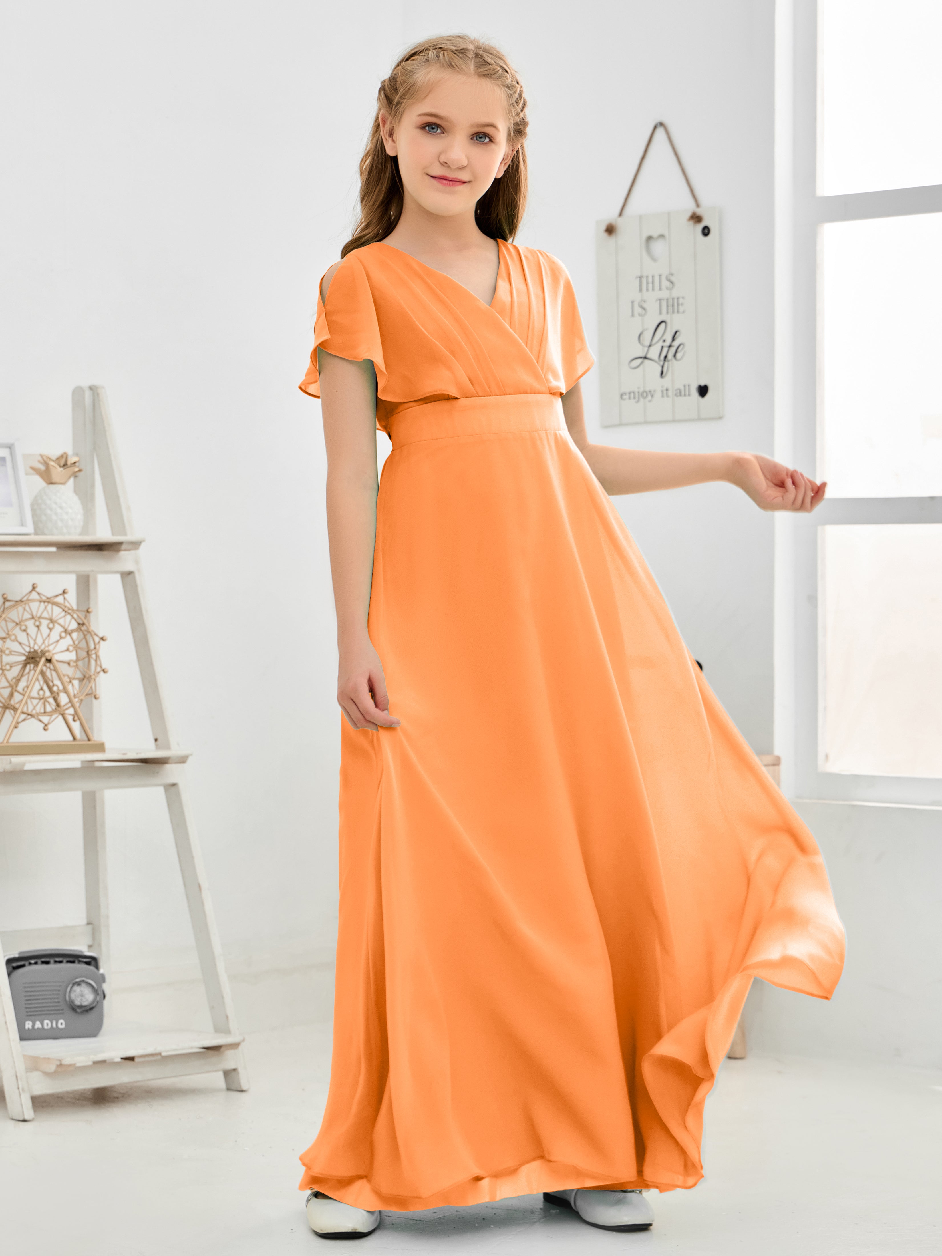 Short Sleeves Floor-Length Chiffon Junior Bridesmaid Dress