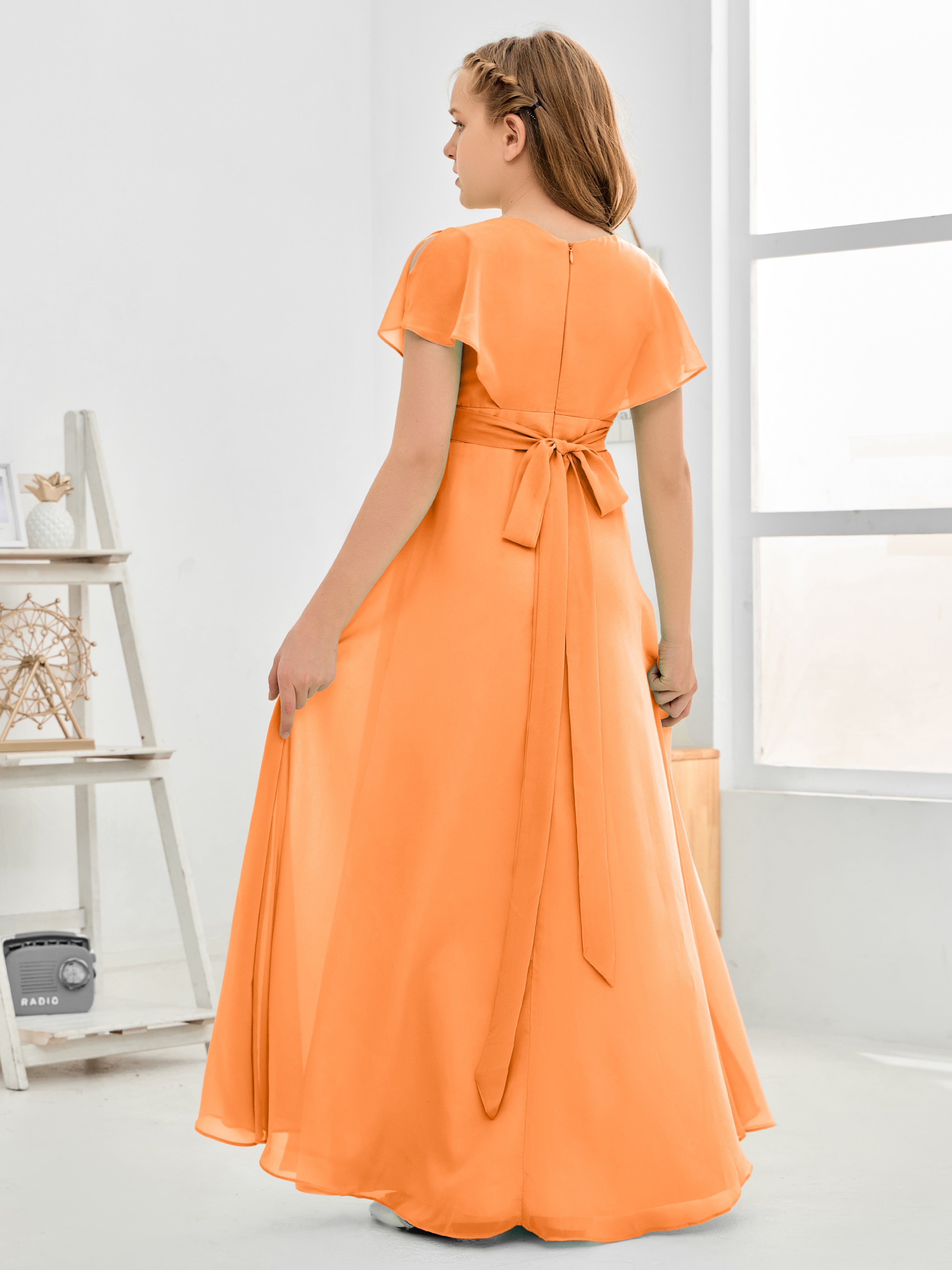 Short Sleeves Floor-Length Chiffon Junior Bridesmaid Dress