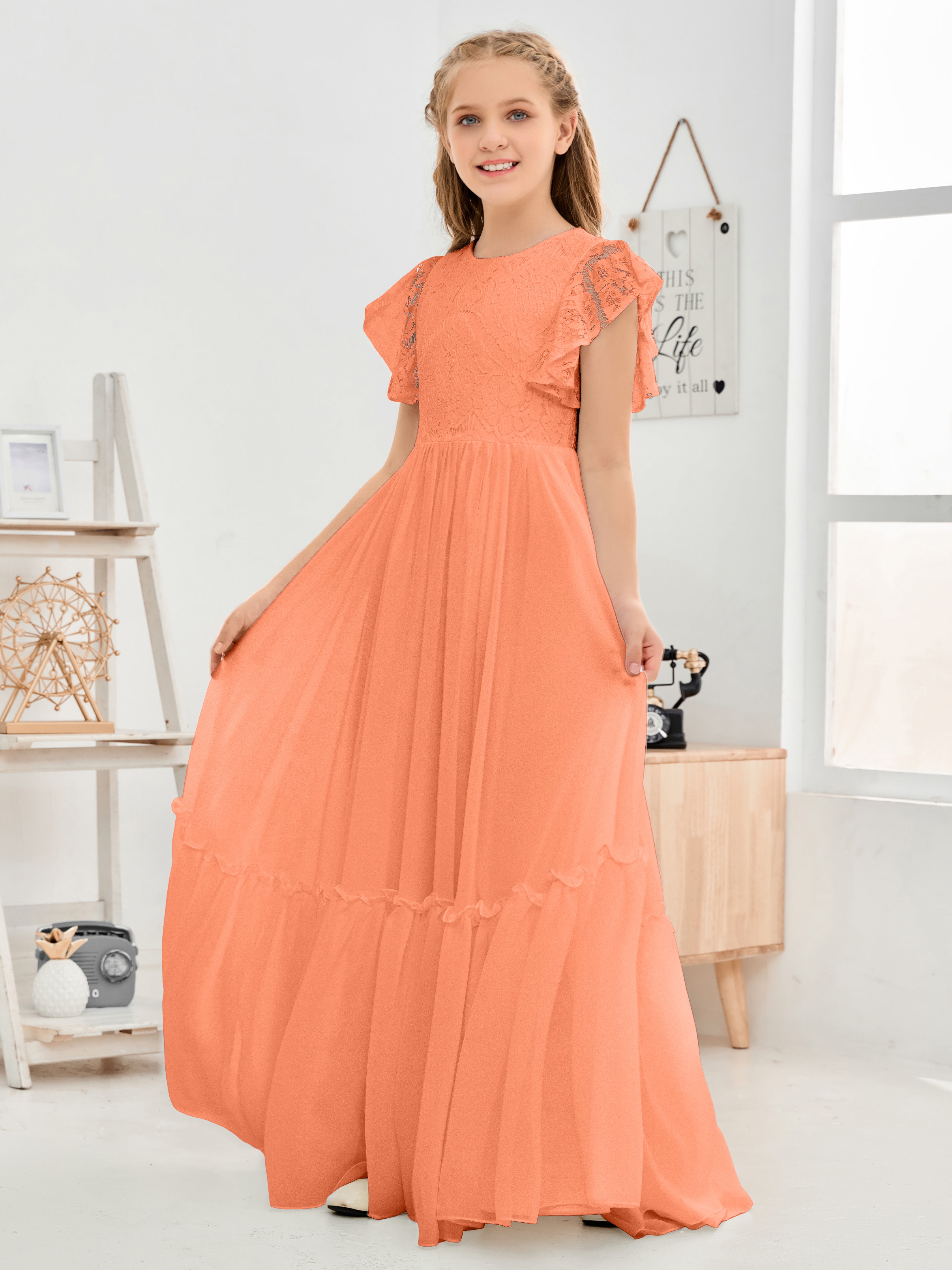 Short Sleeves Floor Length Chiffon Junior Bridesmaid Dress