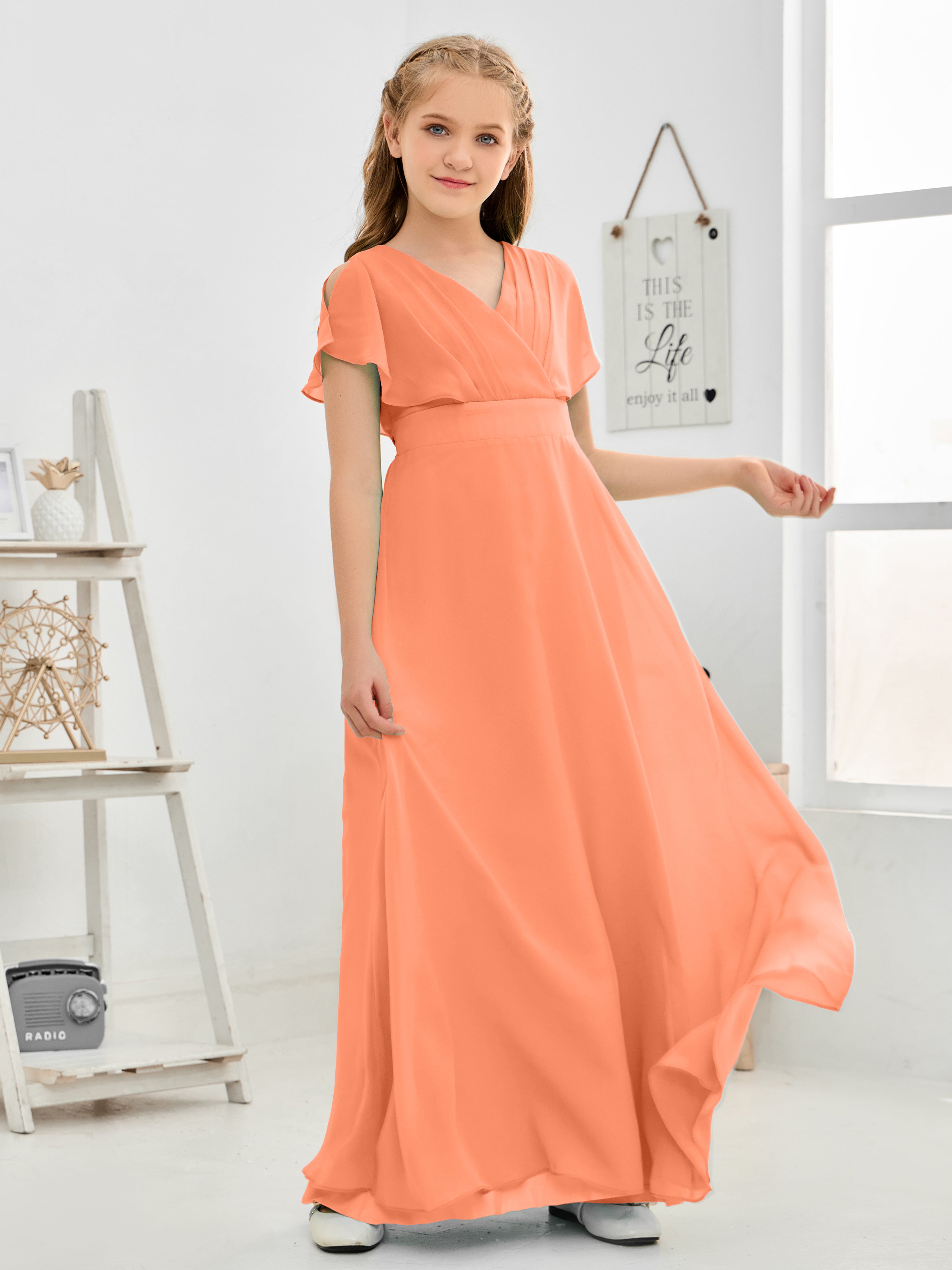 Short Sleeves Floor-Length Chiffon Junior Bridesmaid Dress