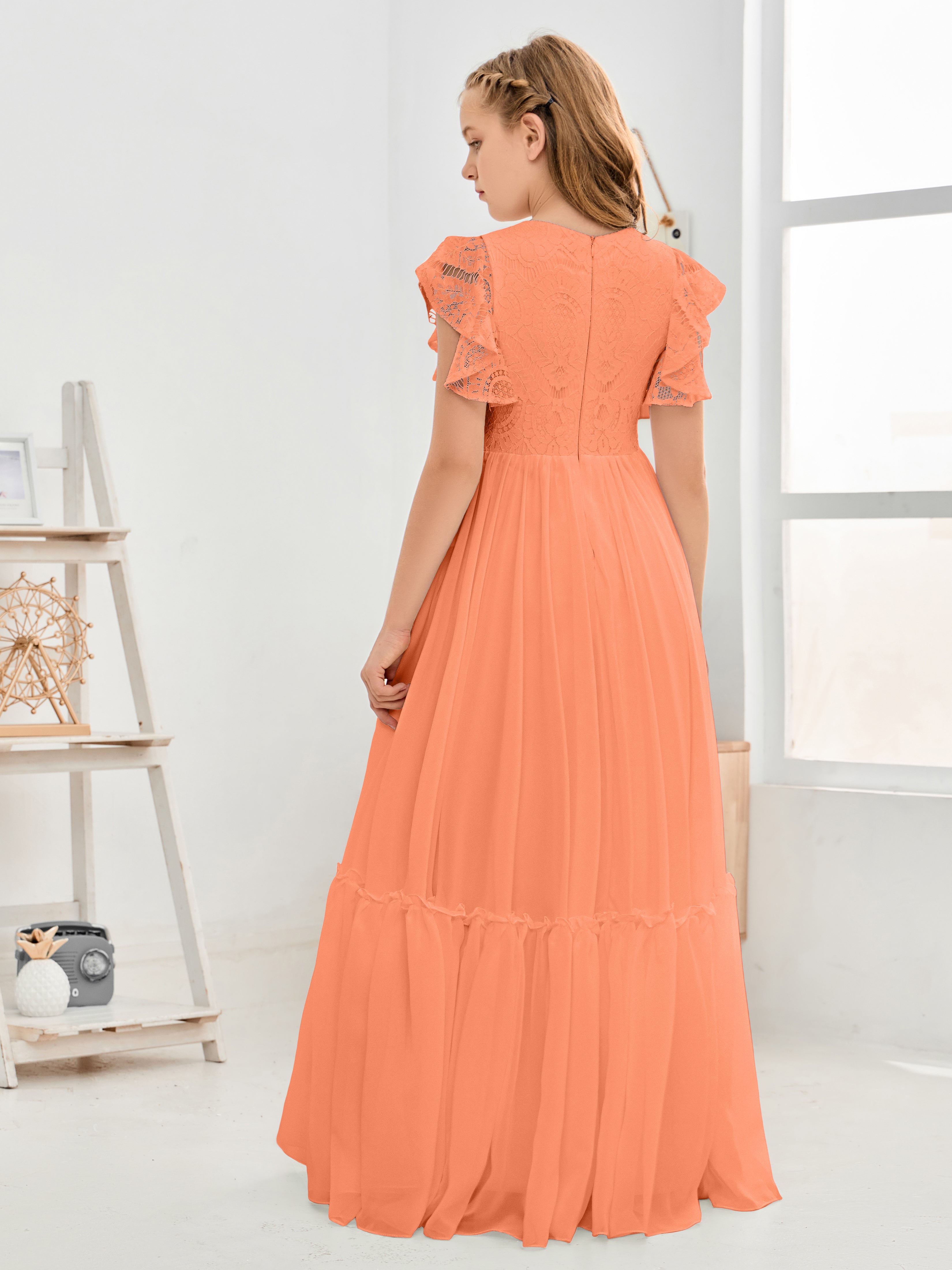 Short Sleeves Floor Length Chiffon Junior Bridesmaid Dress