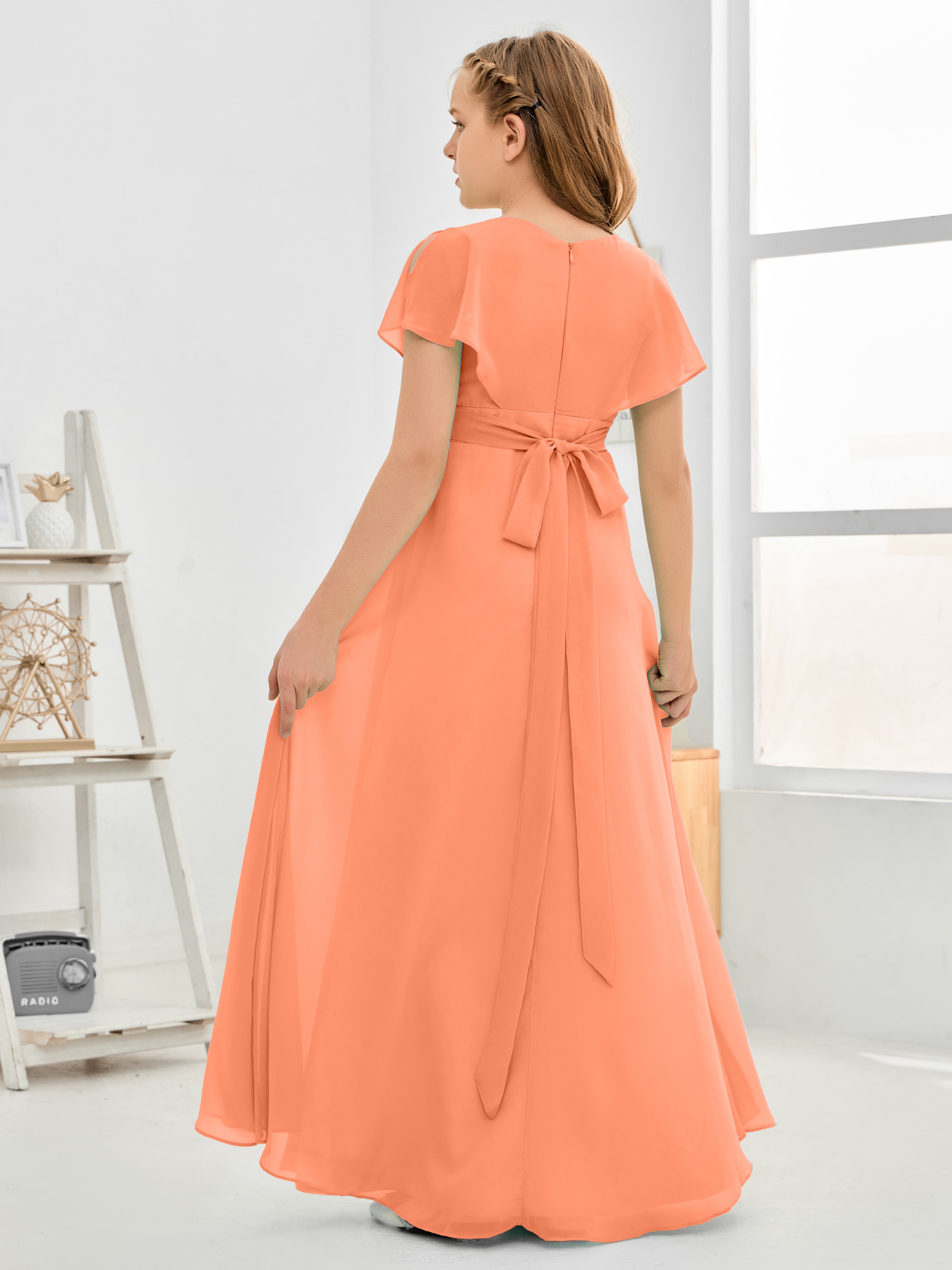 Short Sleeves Floor-Length Chiffon Junior Bridesmaid Dress