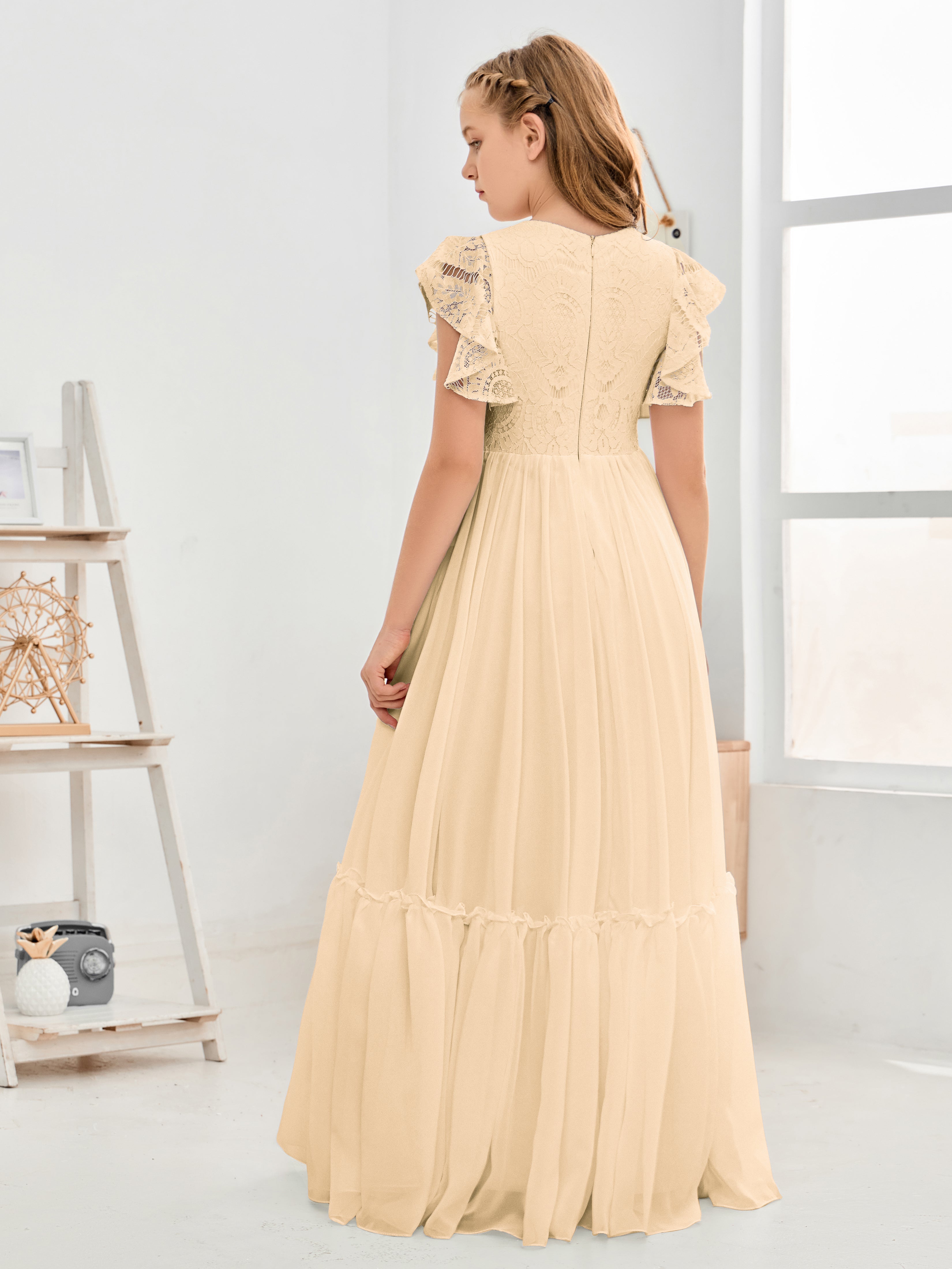 Short Sleeves Floor Length Chiffon Junior Bridesmaid Dress