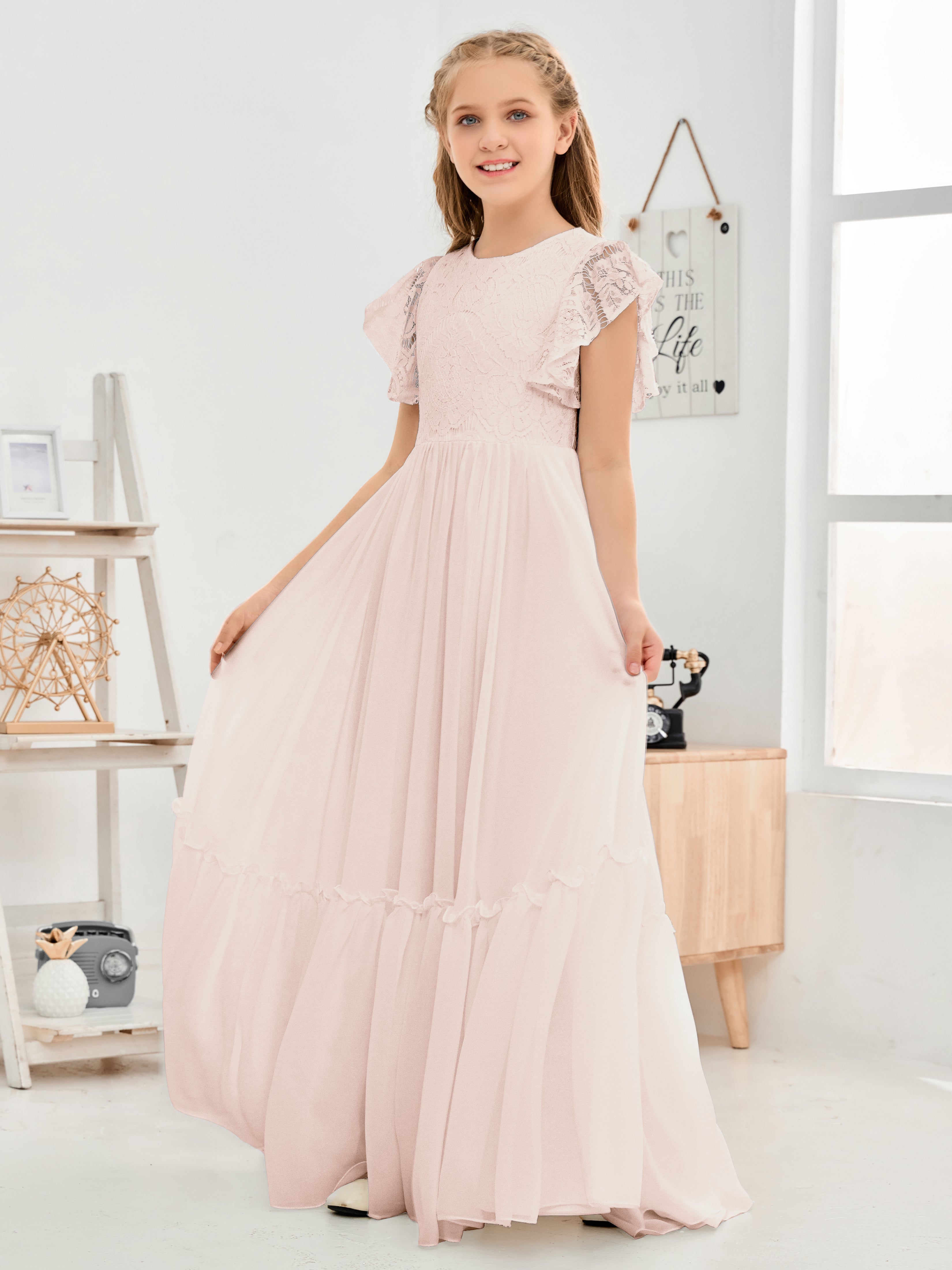 Short Sleeves Floor Length Chiffon Junior Bridesmaid Dress