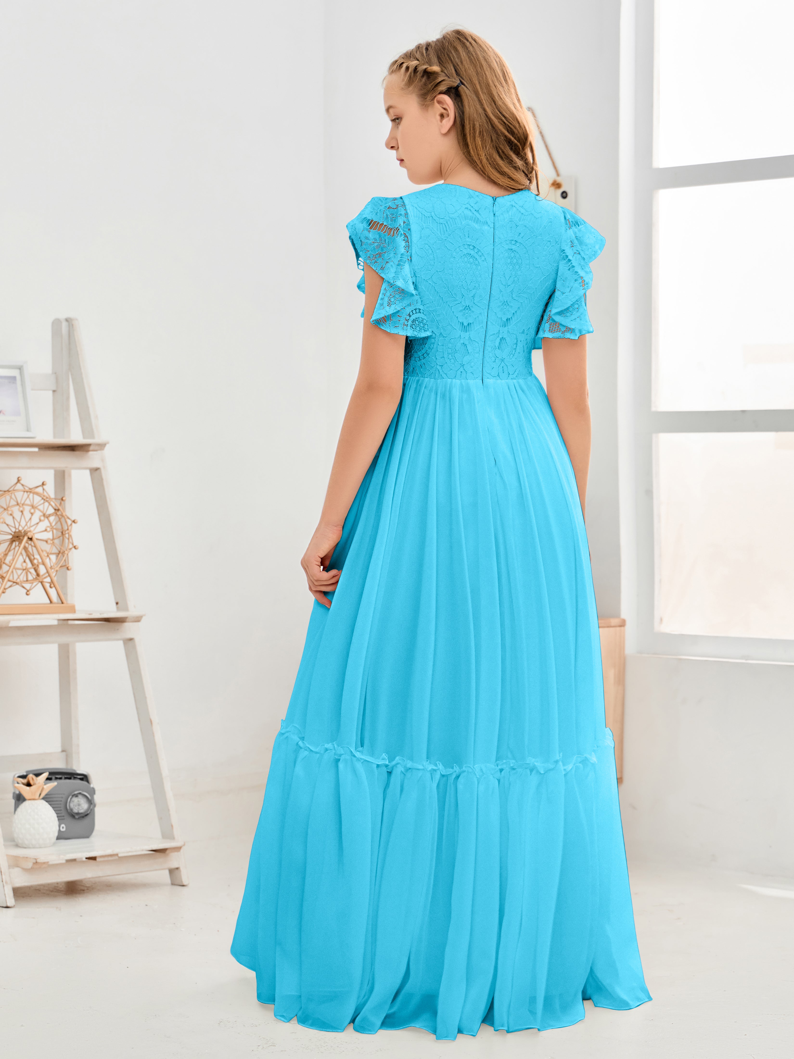 Short Sleeves Floor Length Chiffon Junior Bridesmaid Dress