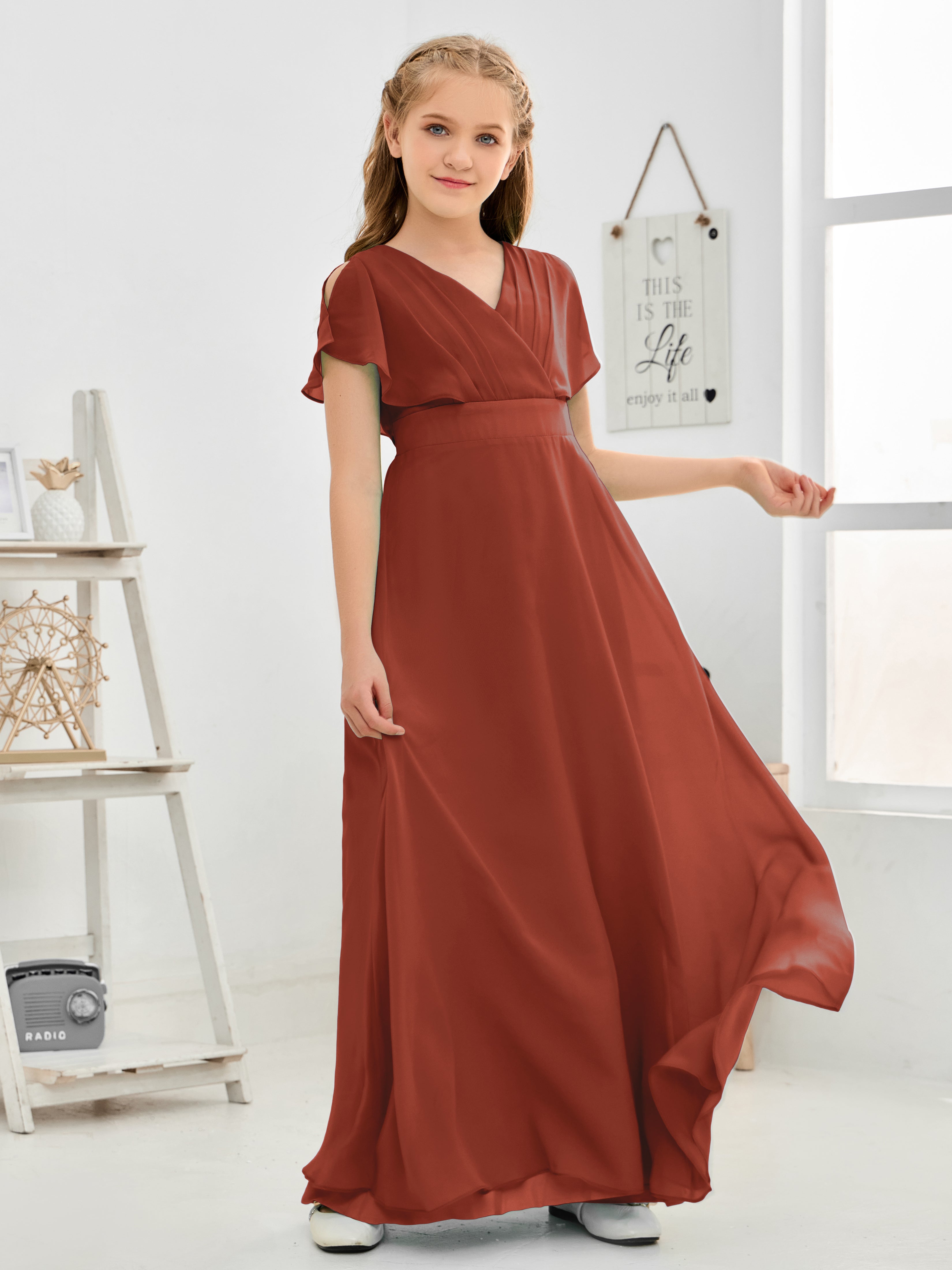 Short Sleeves Floor-Length Chiffon Junior Bridesmaid Dress