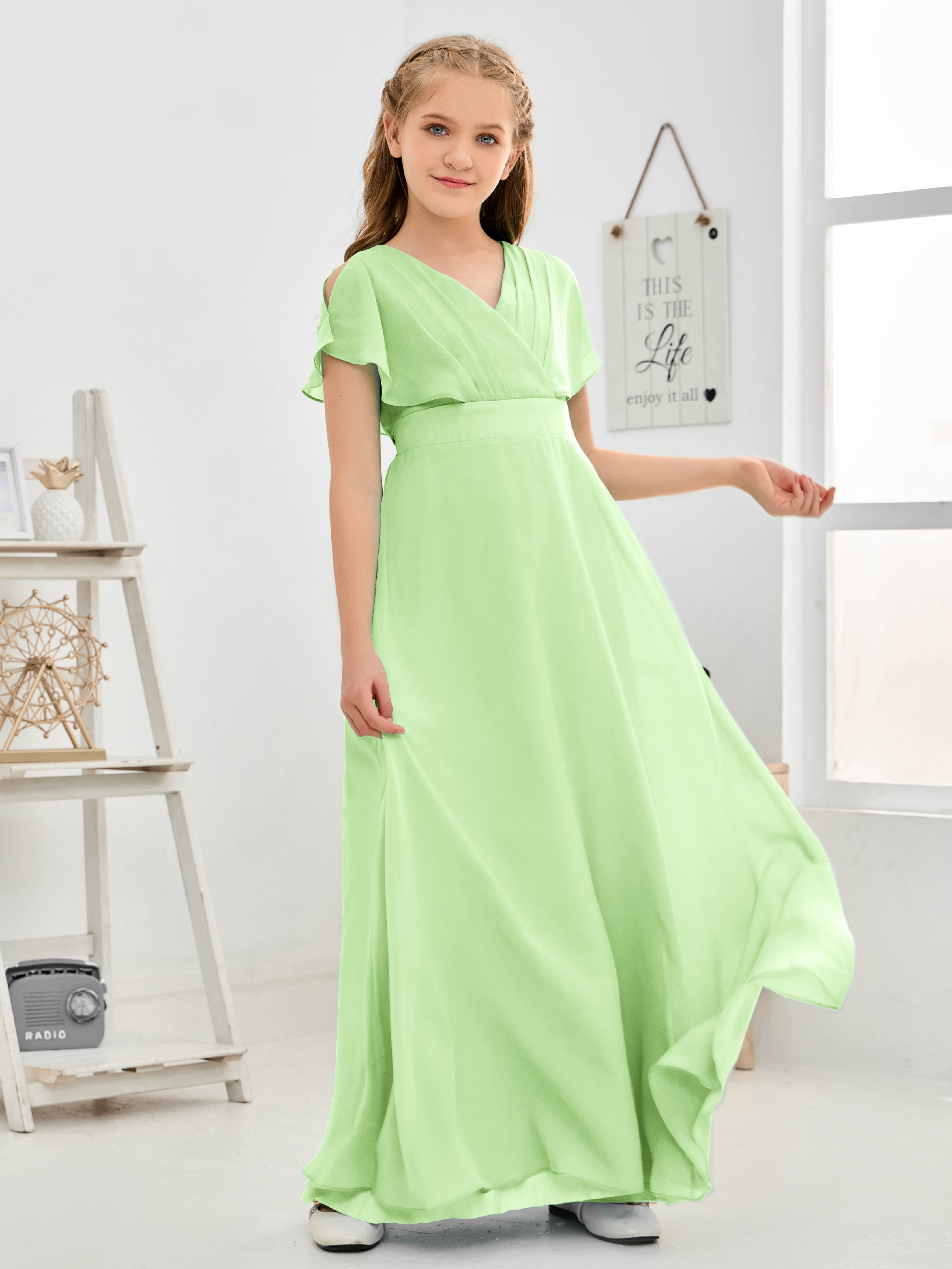 Short Sleeves Floor-Length Chiffon Junior Bridesmaid Dress