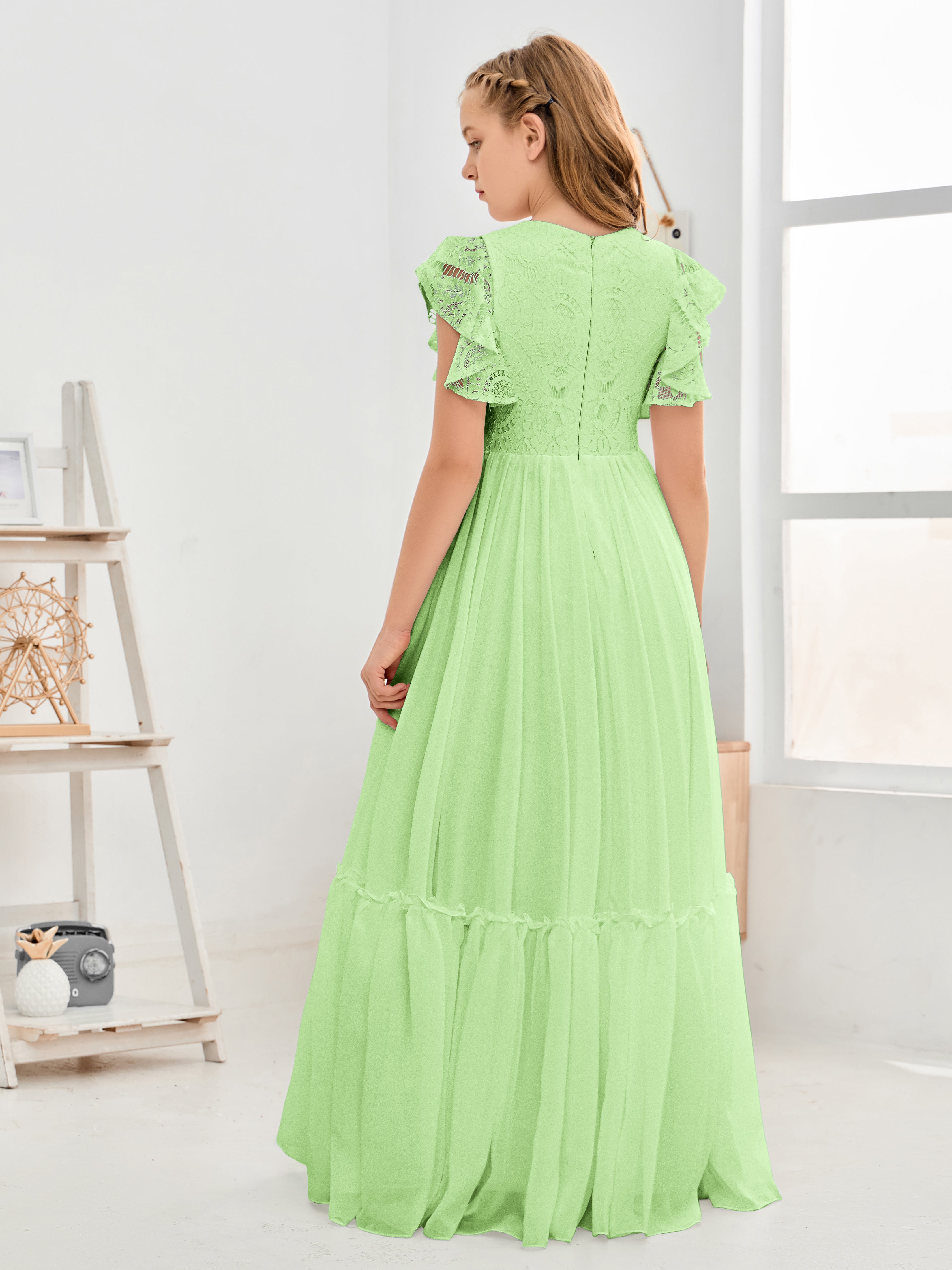 Short Sleeves Floor Length Chiffon Junior Bridesmaid Dress