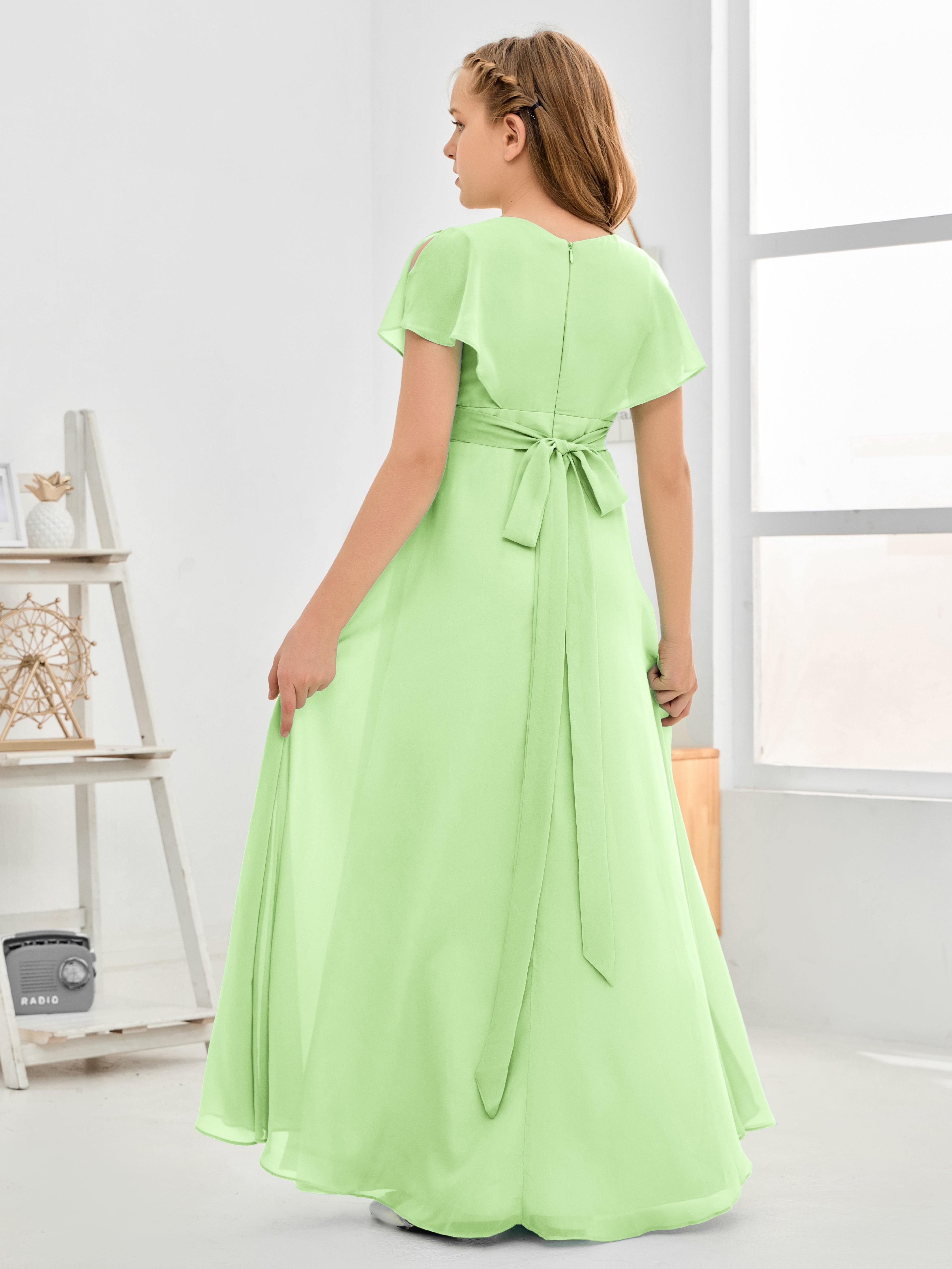 Short Sleeves Floor-Length Chiffon Junior Bridesmaid Dress