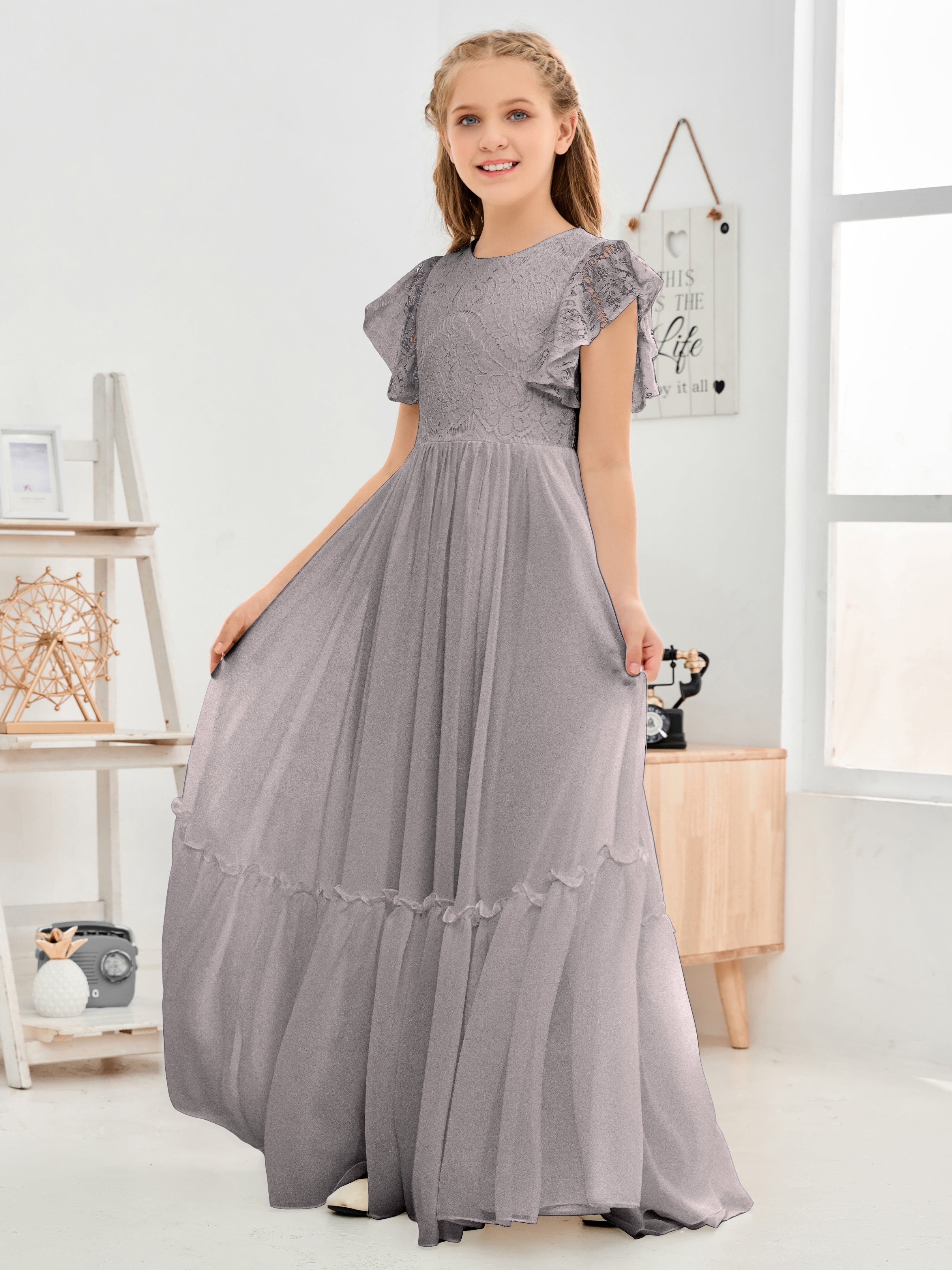 Short Sleeves Floor Length Chiffon Junior Bridesmaid Dress