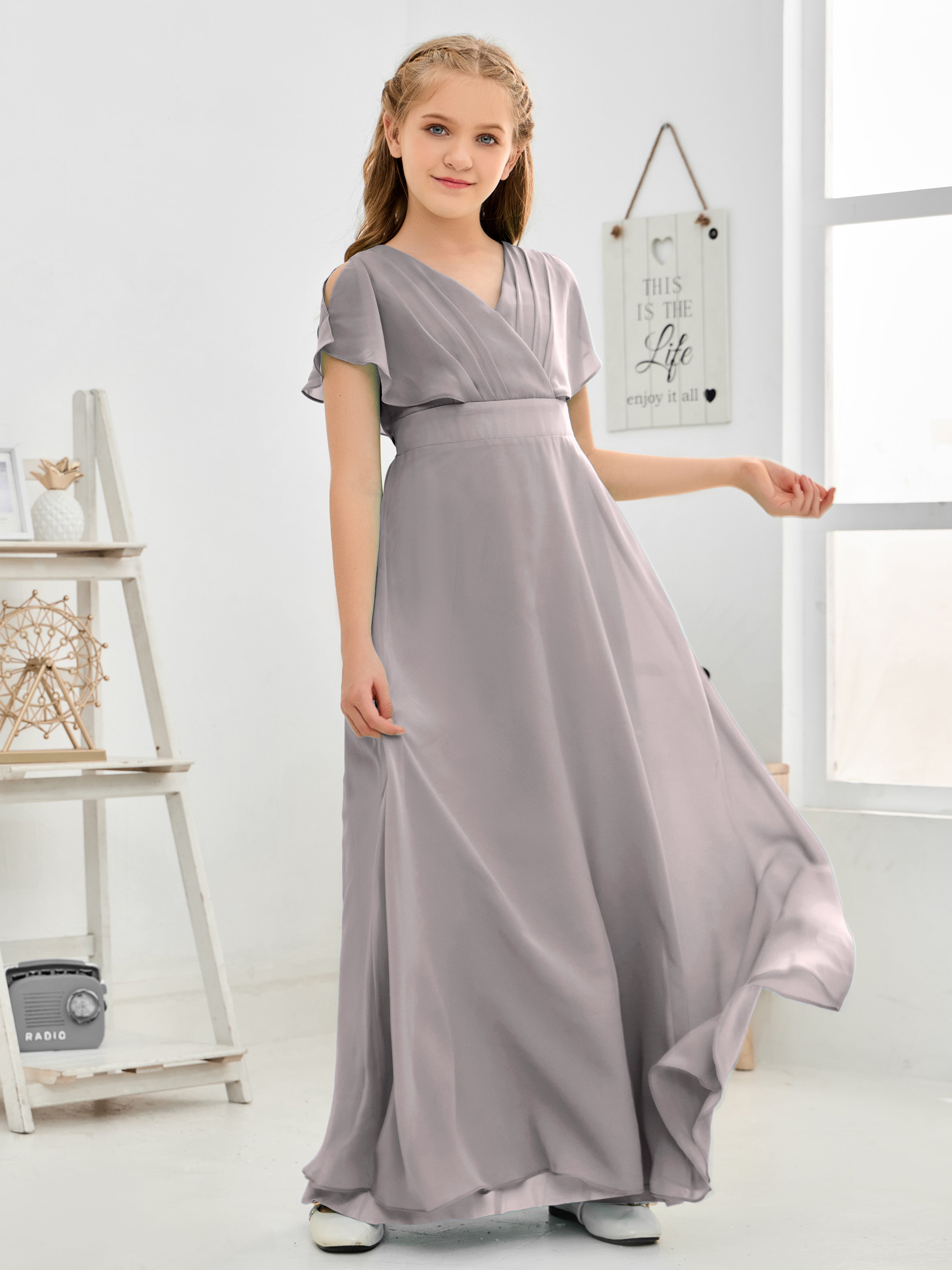 Short Sleeves Floor-Length Chiffon Junior Bridesmaid Dress