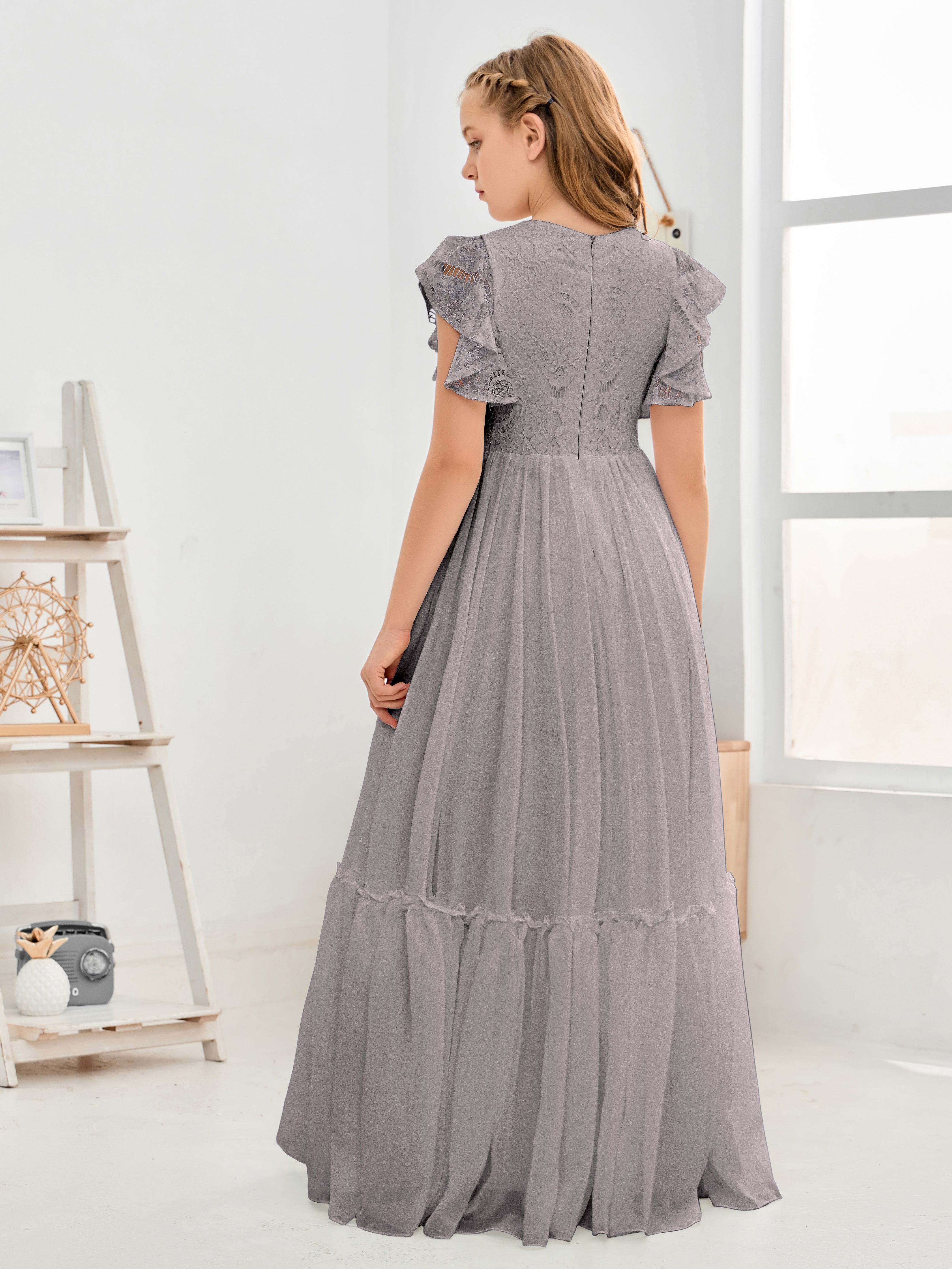 Short Sleeves Floor Length Chiffon Junior Bridesmaid Dress