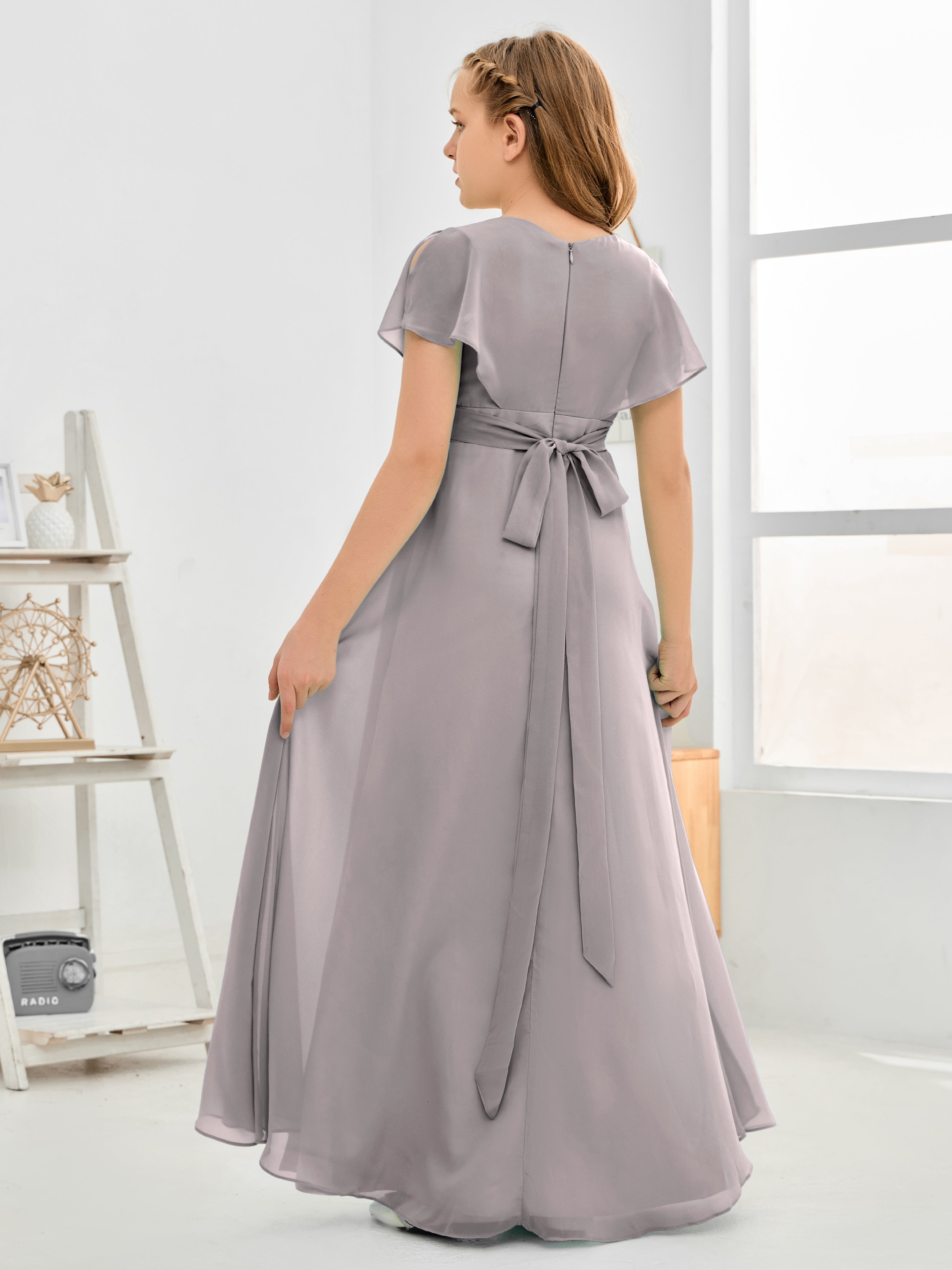 Short Sleeves Floor-Length Chiffon Junior Bridesmaid Dress