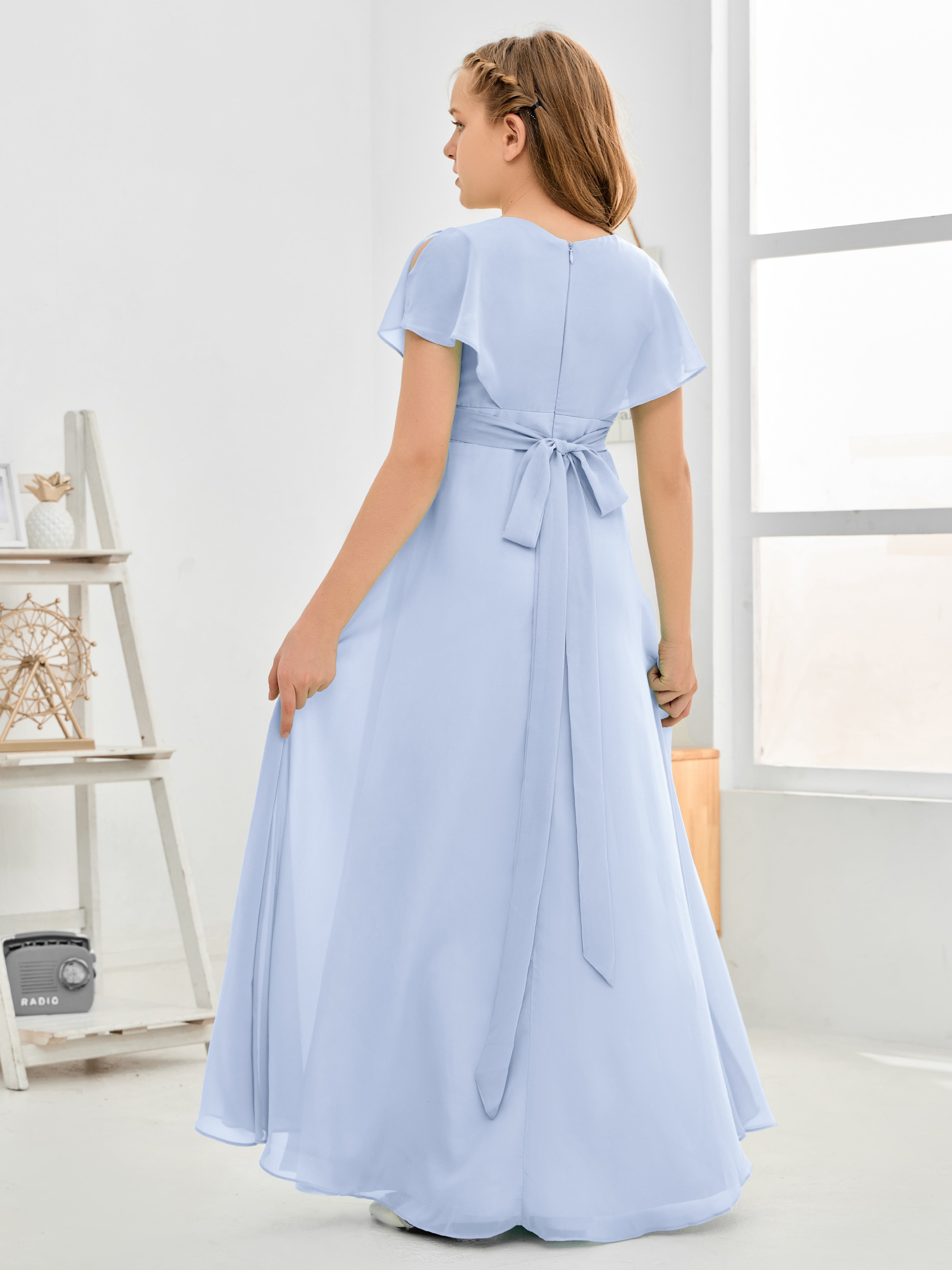 Short Sleeves Floor-Length Chiffon Junior Bridesmaid Dress