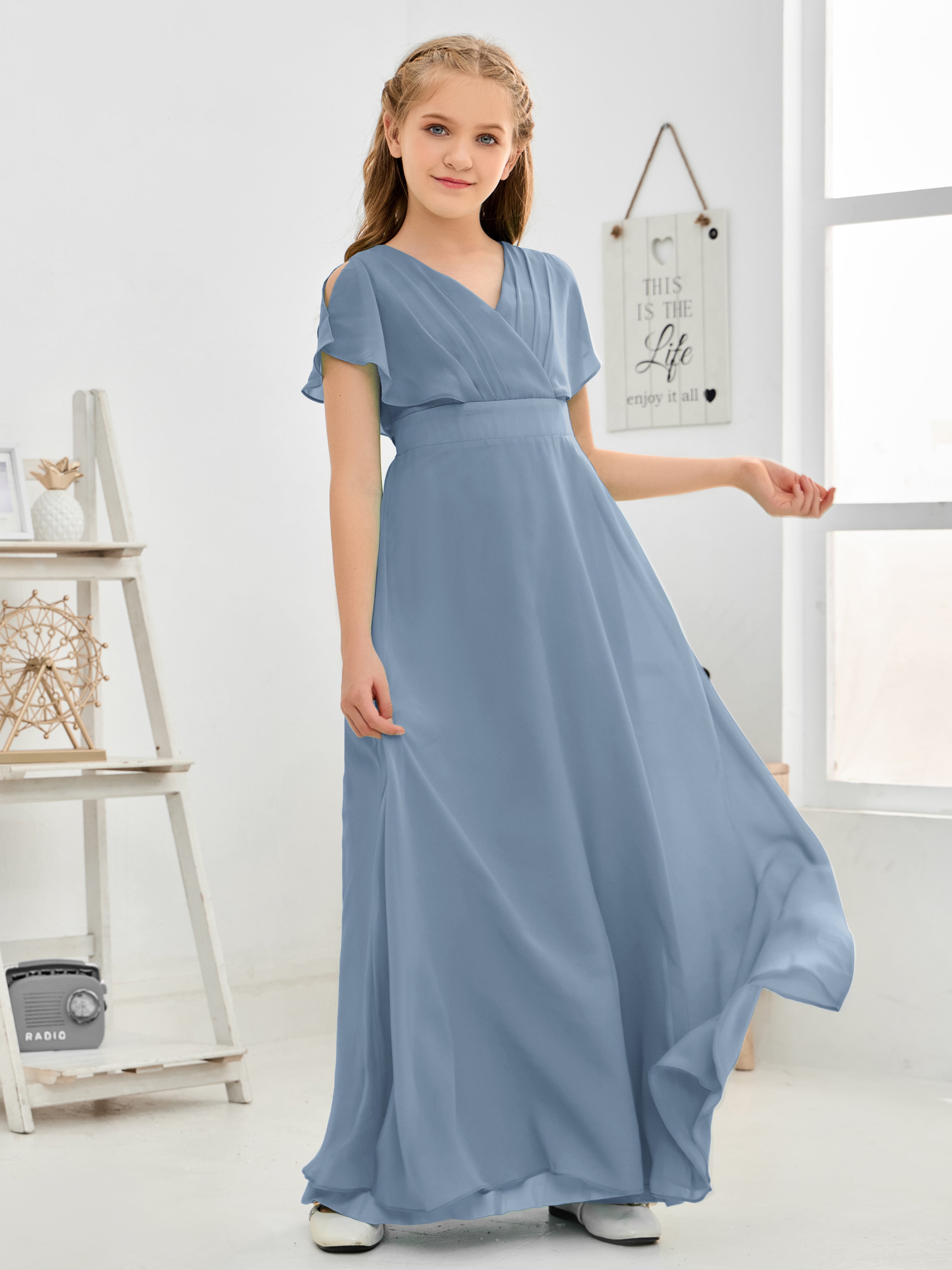 Short Sleeves Floor-Length Chiffon Junior Bridesmaid Dress