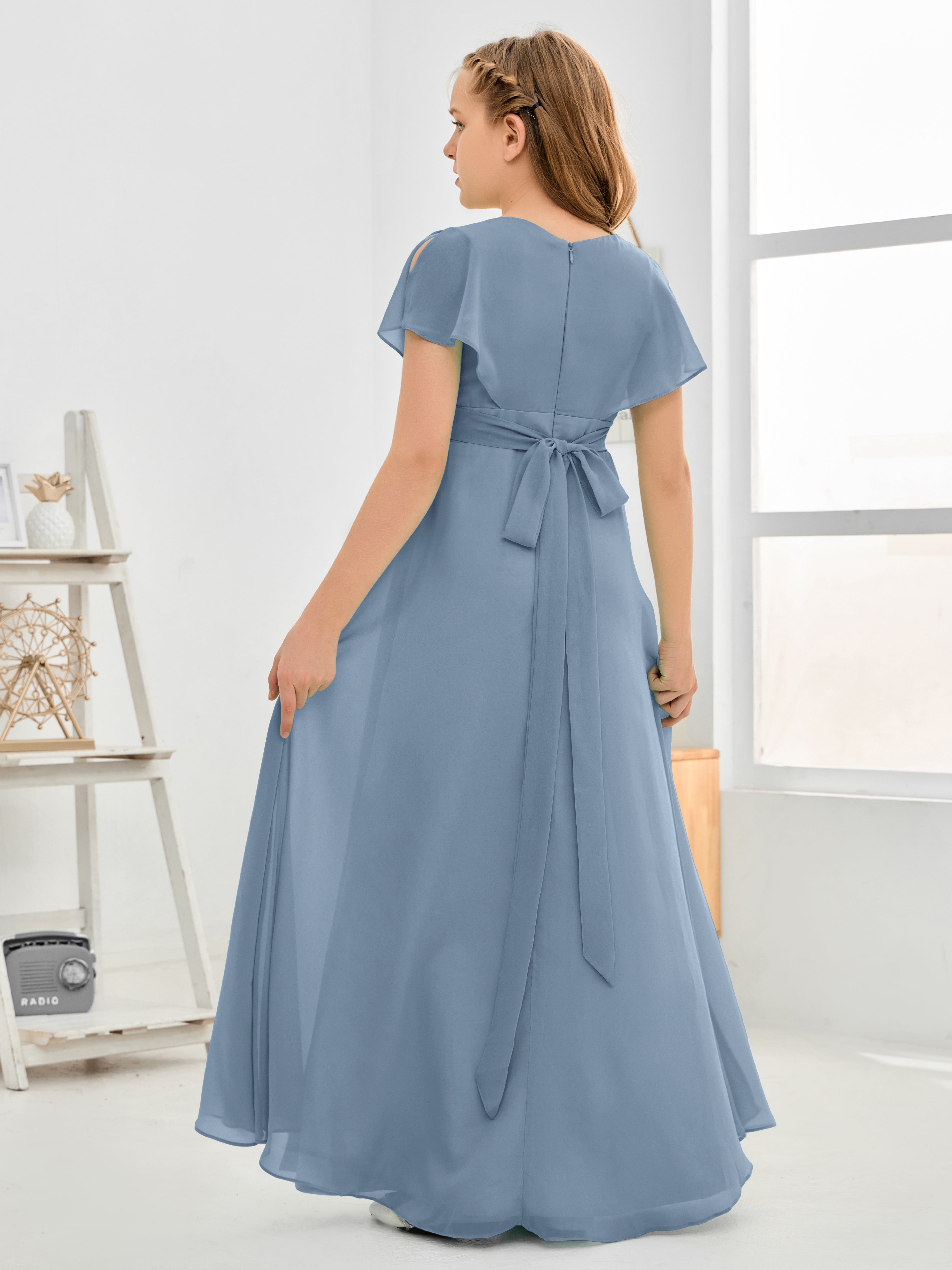 Short Sleeves Floor-Length Chiffon Junior Bridesmaid Dress