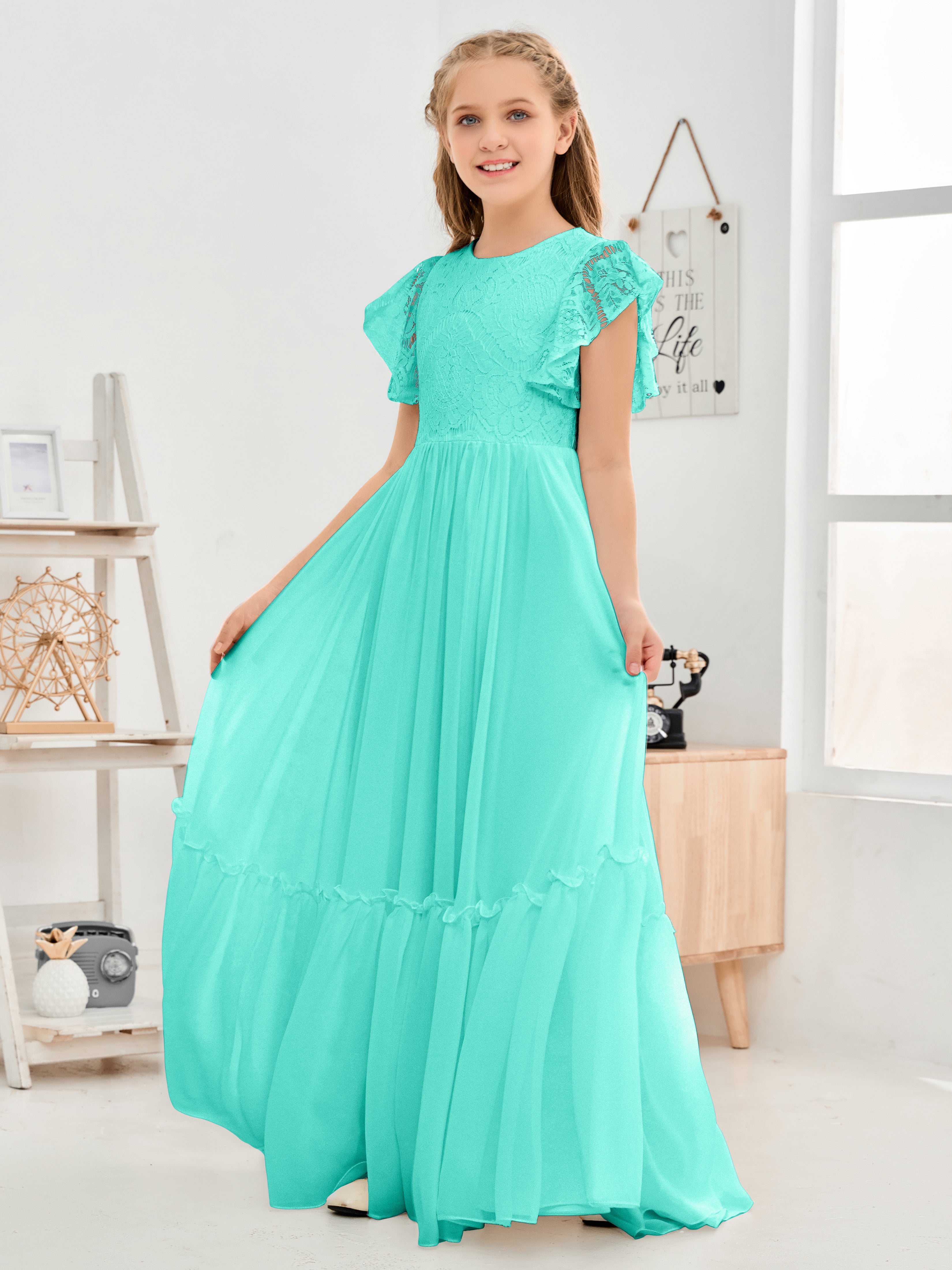 Short Sleeves Floor Length Chiffon Junior Bridesmaid Dress