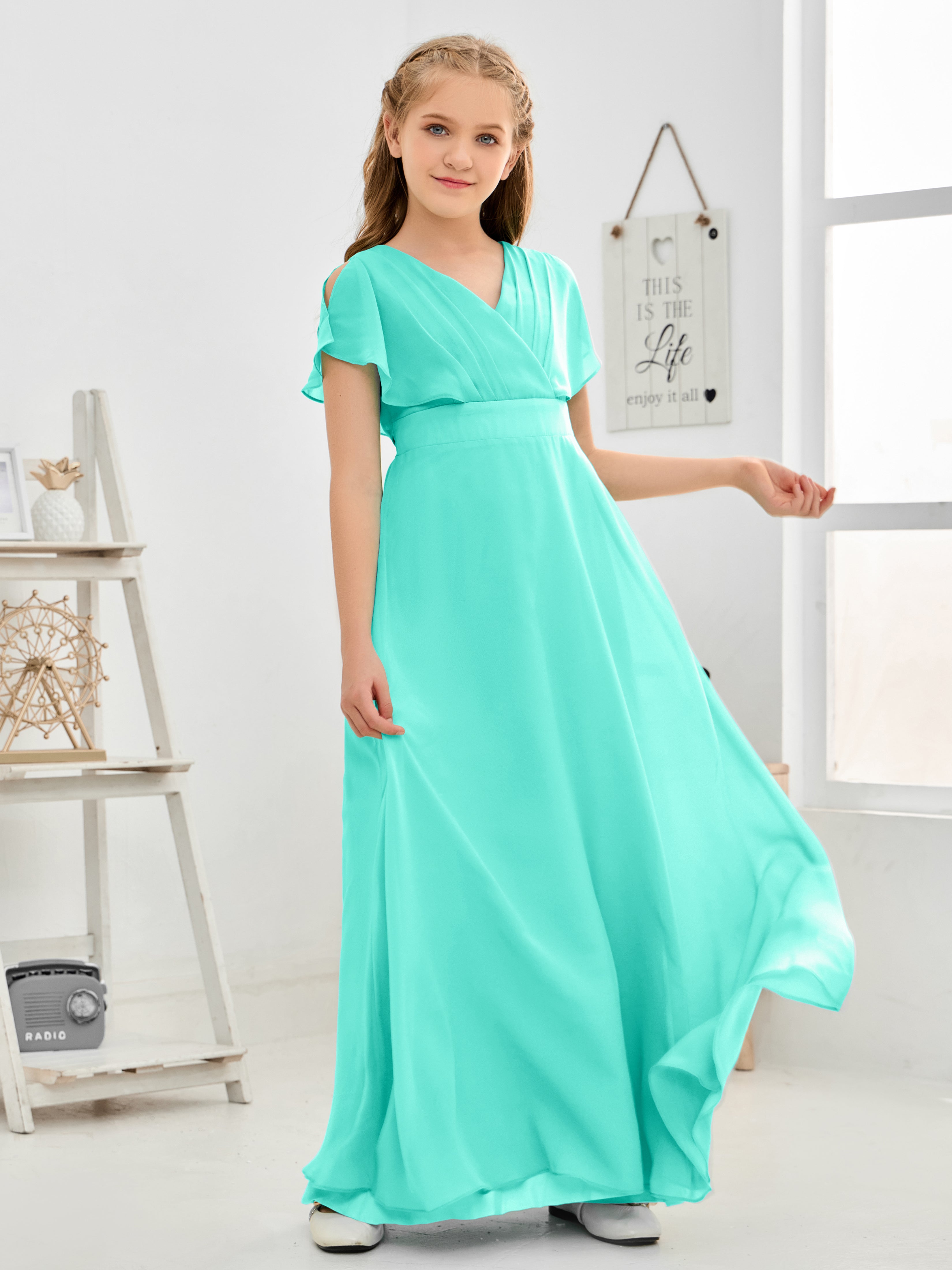 Short Sleeves Floor-Length Chiffon Junior Bridesmaid Dress