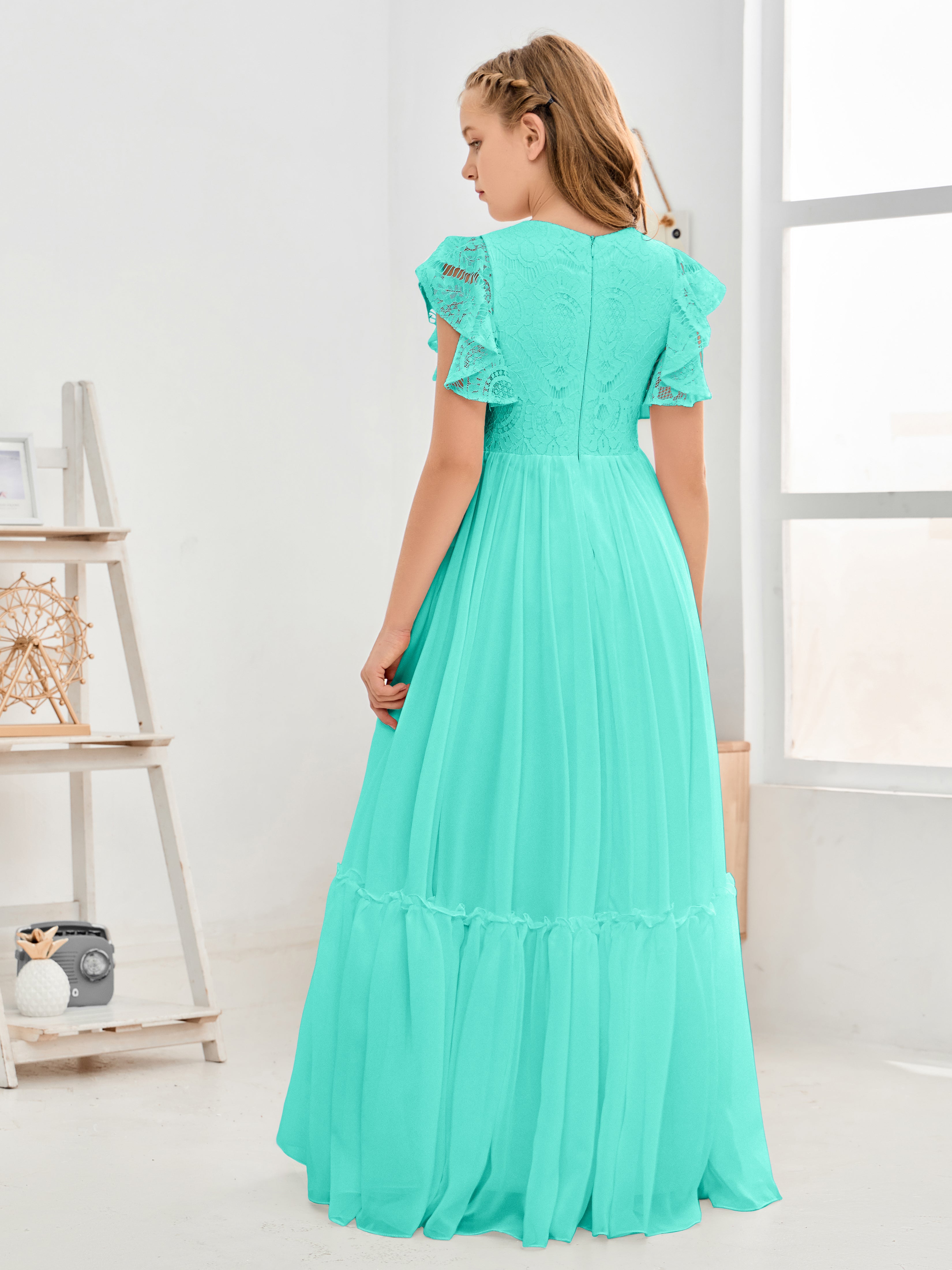 Short Sleeves Floor Length Chiffon Junior Bridesmaid Dress