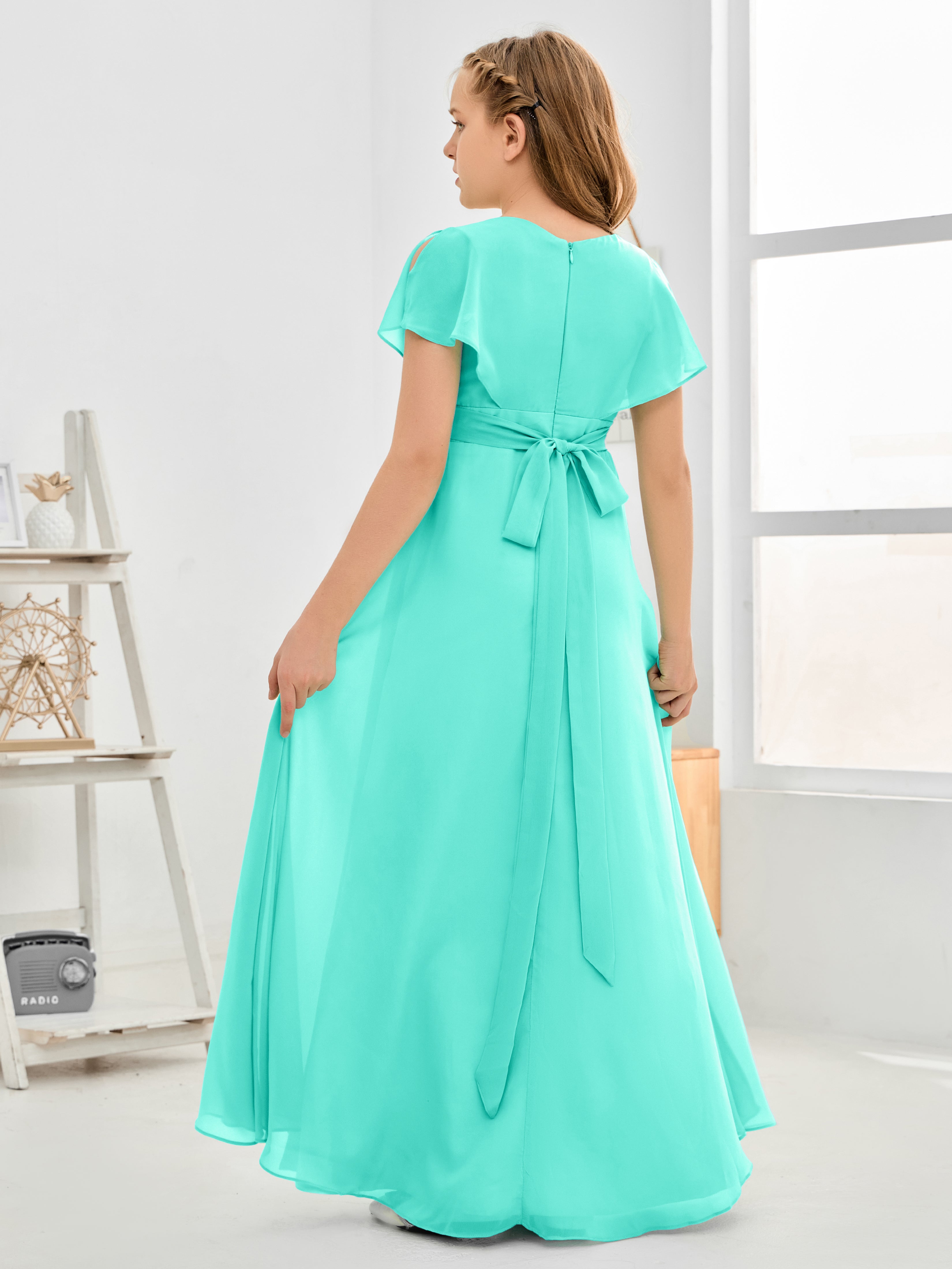 Short Sleeves Floor-Length Chiffon Junior Bridesmaid Dress