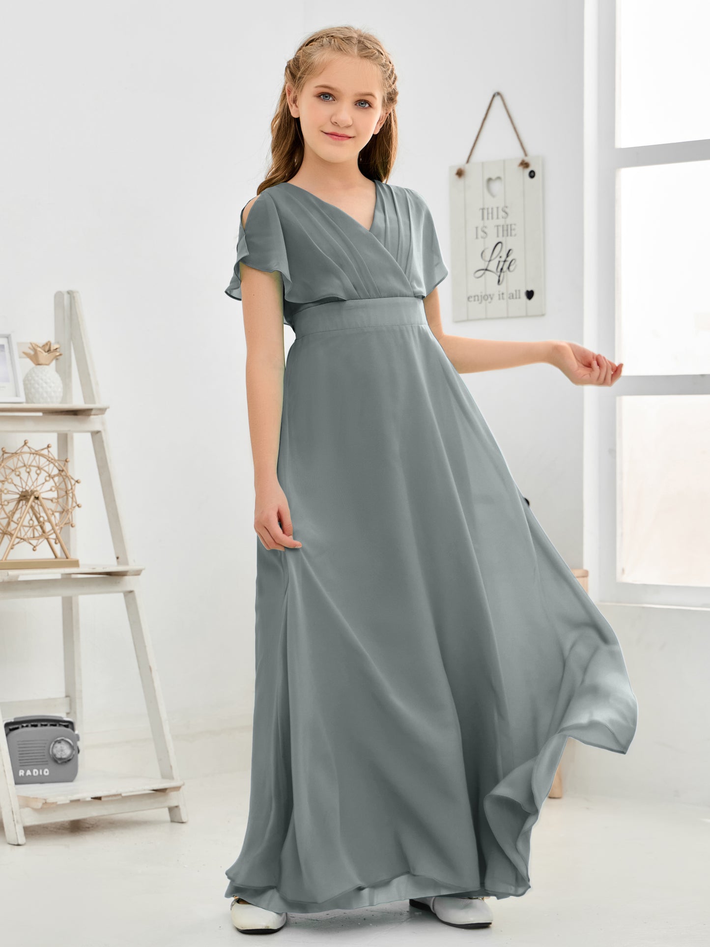 Short Sleeves Floor-Length Chiffon Junior Bridesmaid Dress