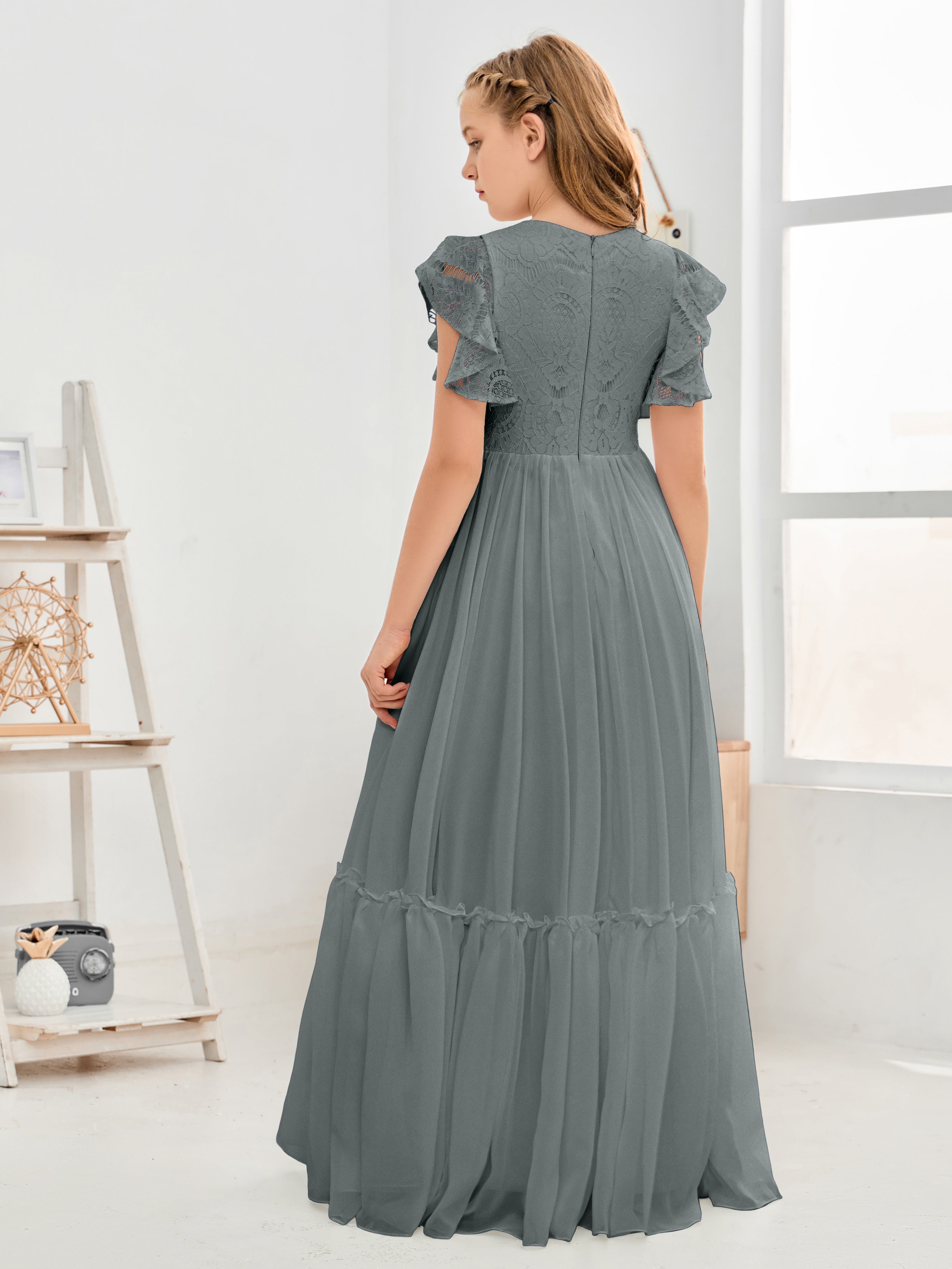 Short Sleeves Floor Length Chiffon Junior Bridesmaid Dress