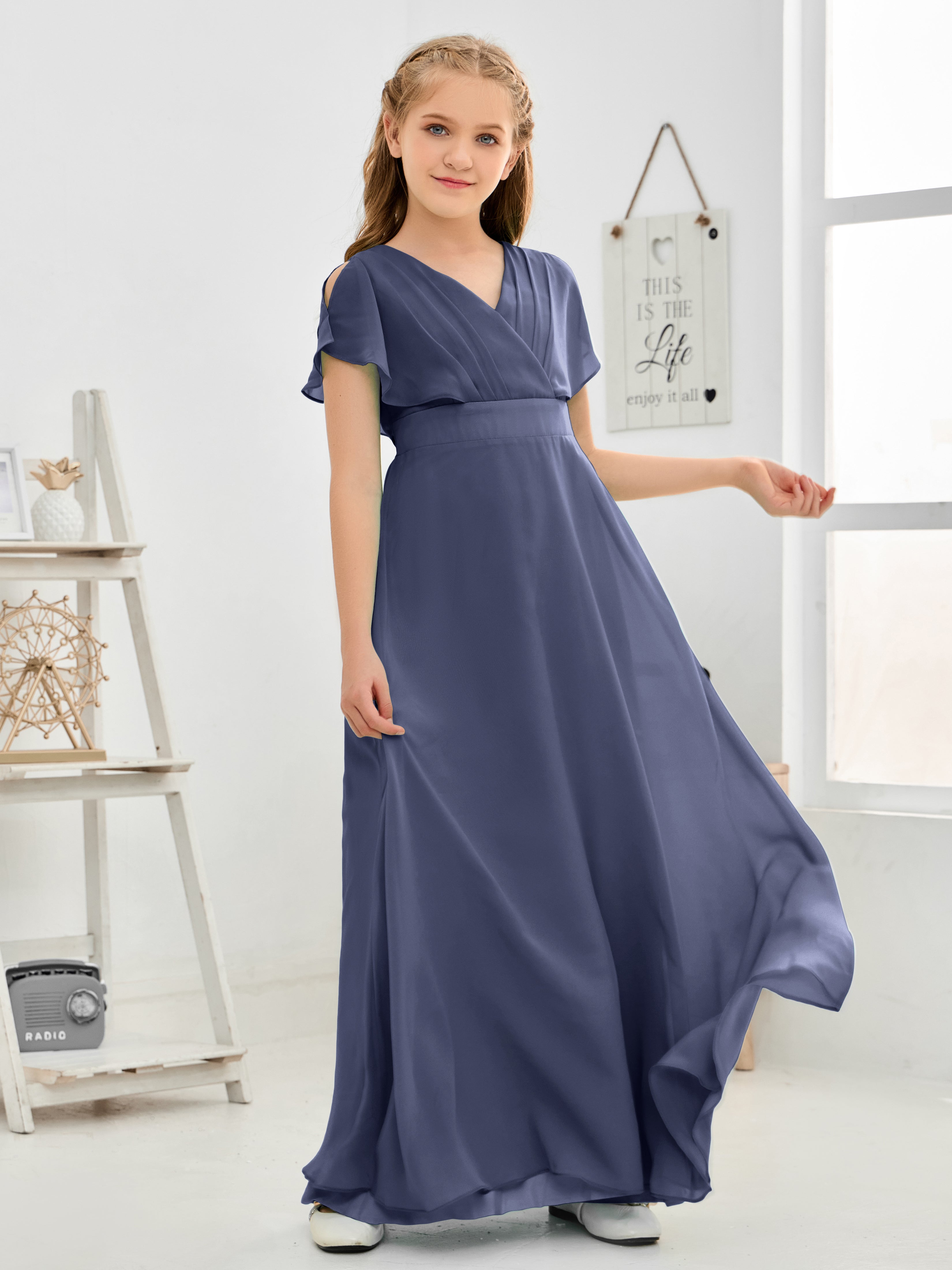 Short Sleeves Floor-Length Chiffon Junior Bridesmaid Dress