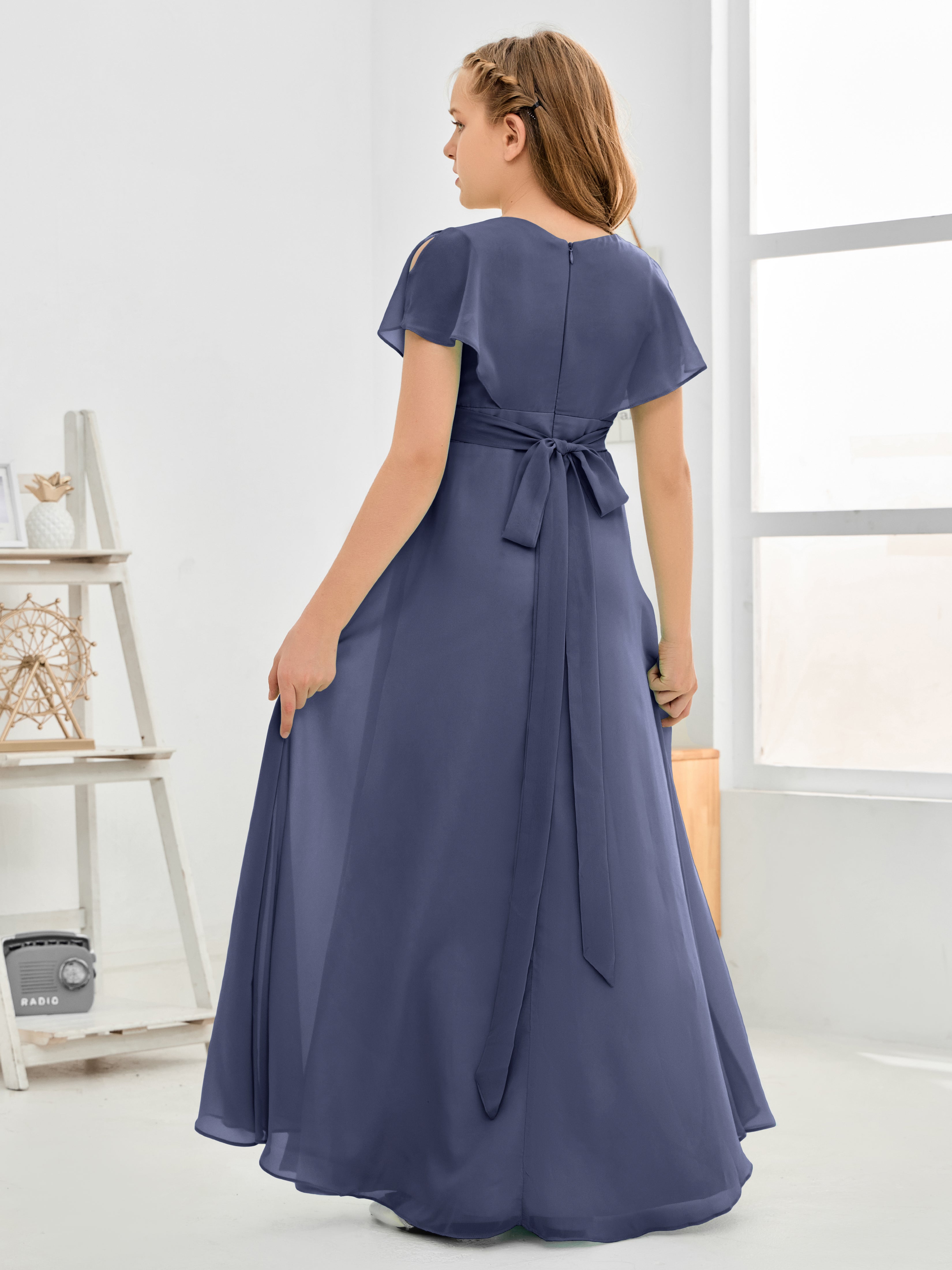 Short Sleeves Floor-Length Chiffon Junior Bridesmaid Dress