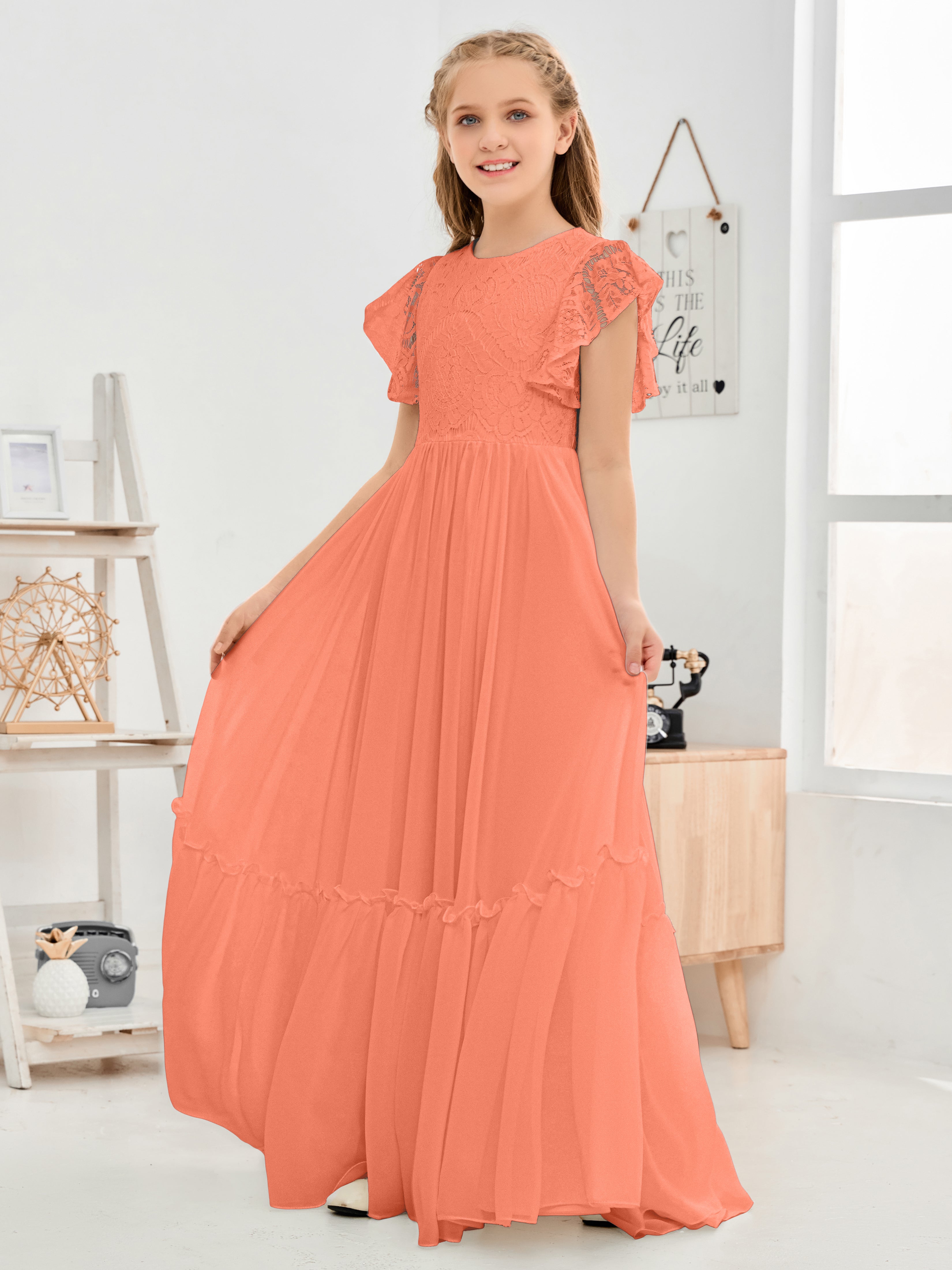 Short Sleeves Floor Length Chiffon Junior Bridesmaid Dress