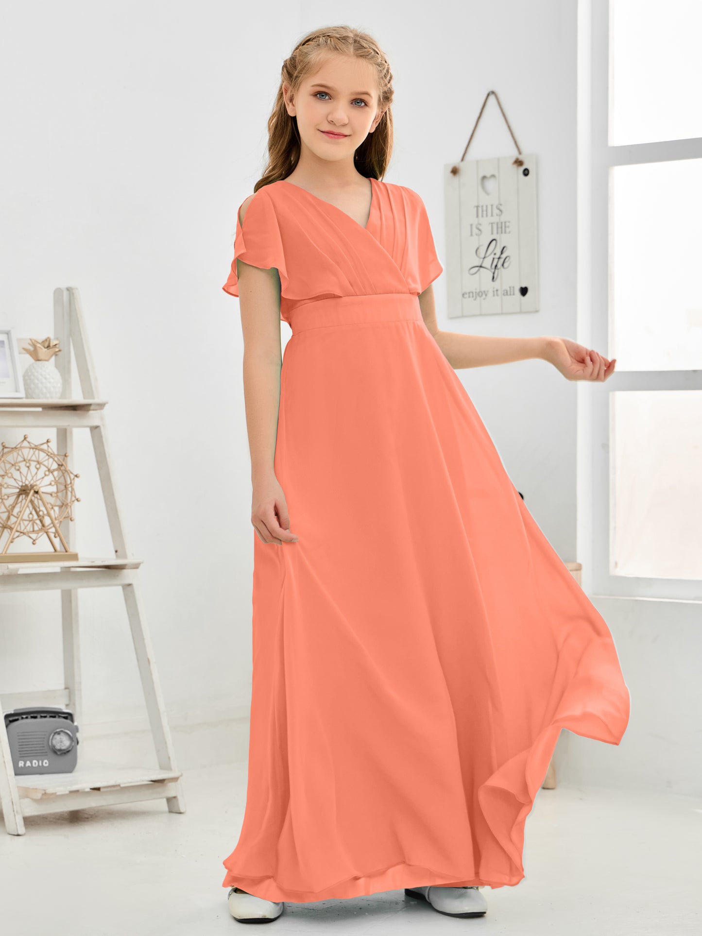 Short Sleeves Floor-Length Chiffon Junior Bridesmaid Dress