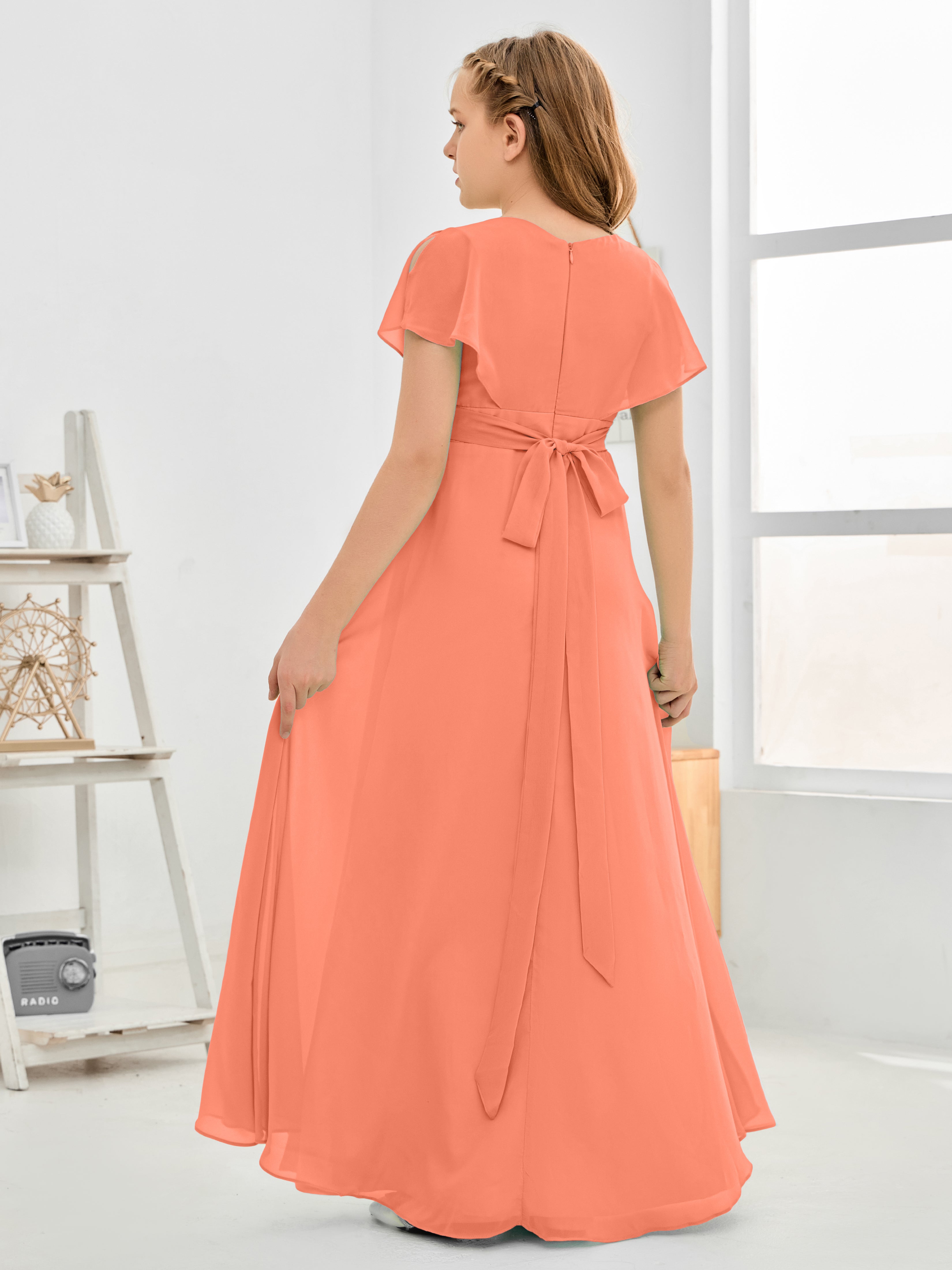 Short Sleeves Floor-Length Chiffon Junior Bridesmaid Dress