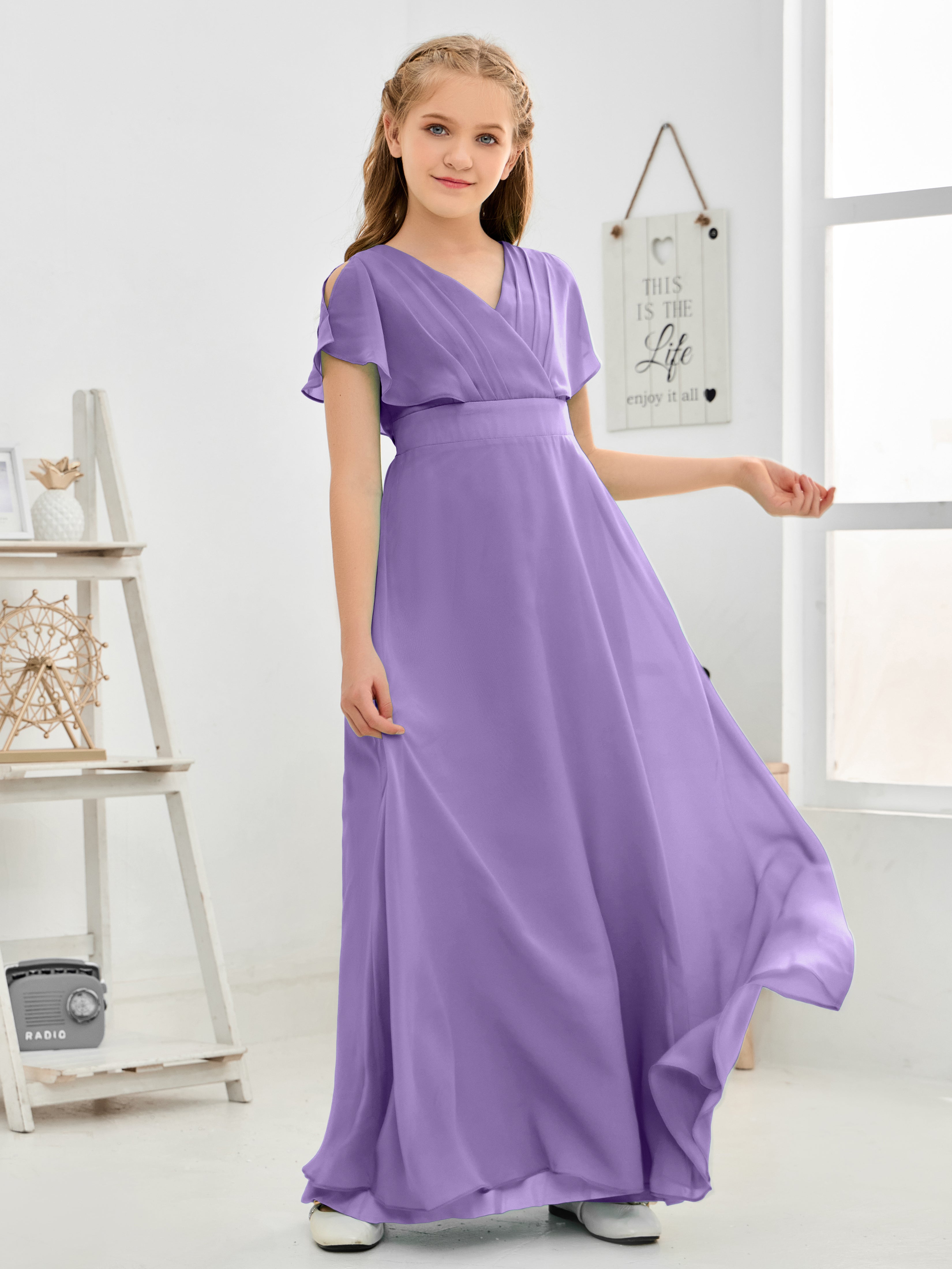 Short Sleeves Floor-Length Chiffon Junior Bridesmaid Dress